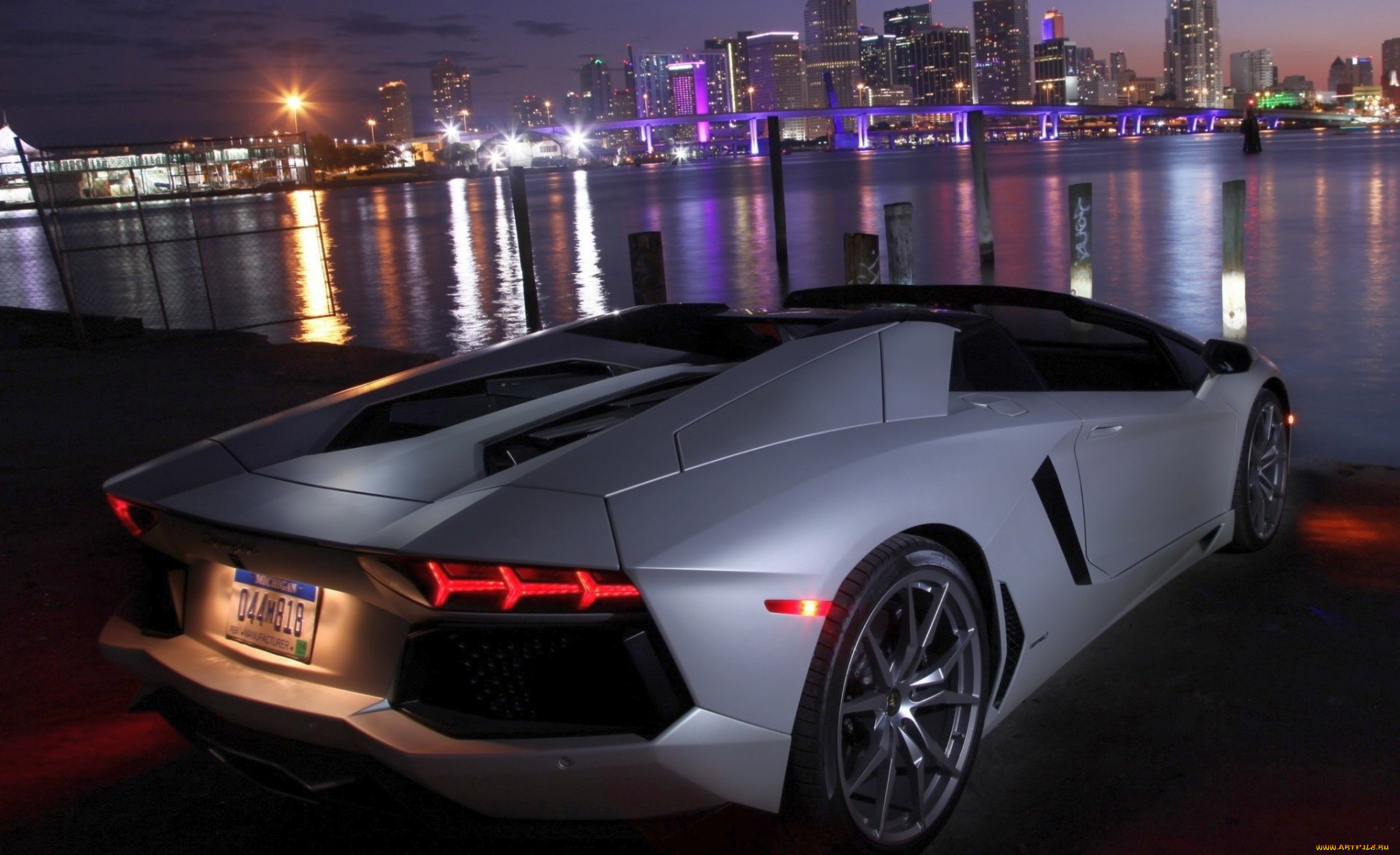 ламбордгини, автомобили, lamborghini, ламборджини, на, берегу, океана, огни, город, ночь