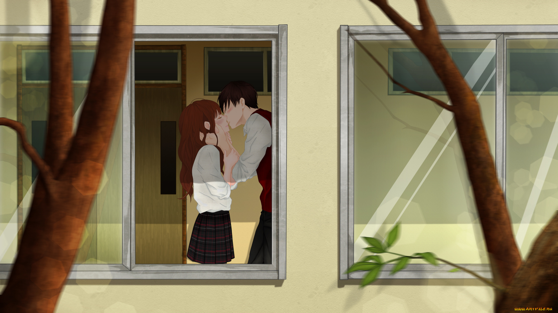 аниме, город, , улицы, , здания, форма, школьники, деревья, окно, поцелуй, пара, двое, парень, девушка, shireba, shiruhodo, monu-chan, haruna, arai, арт