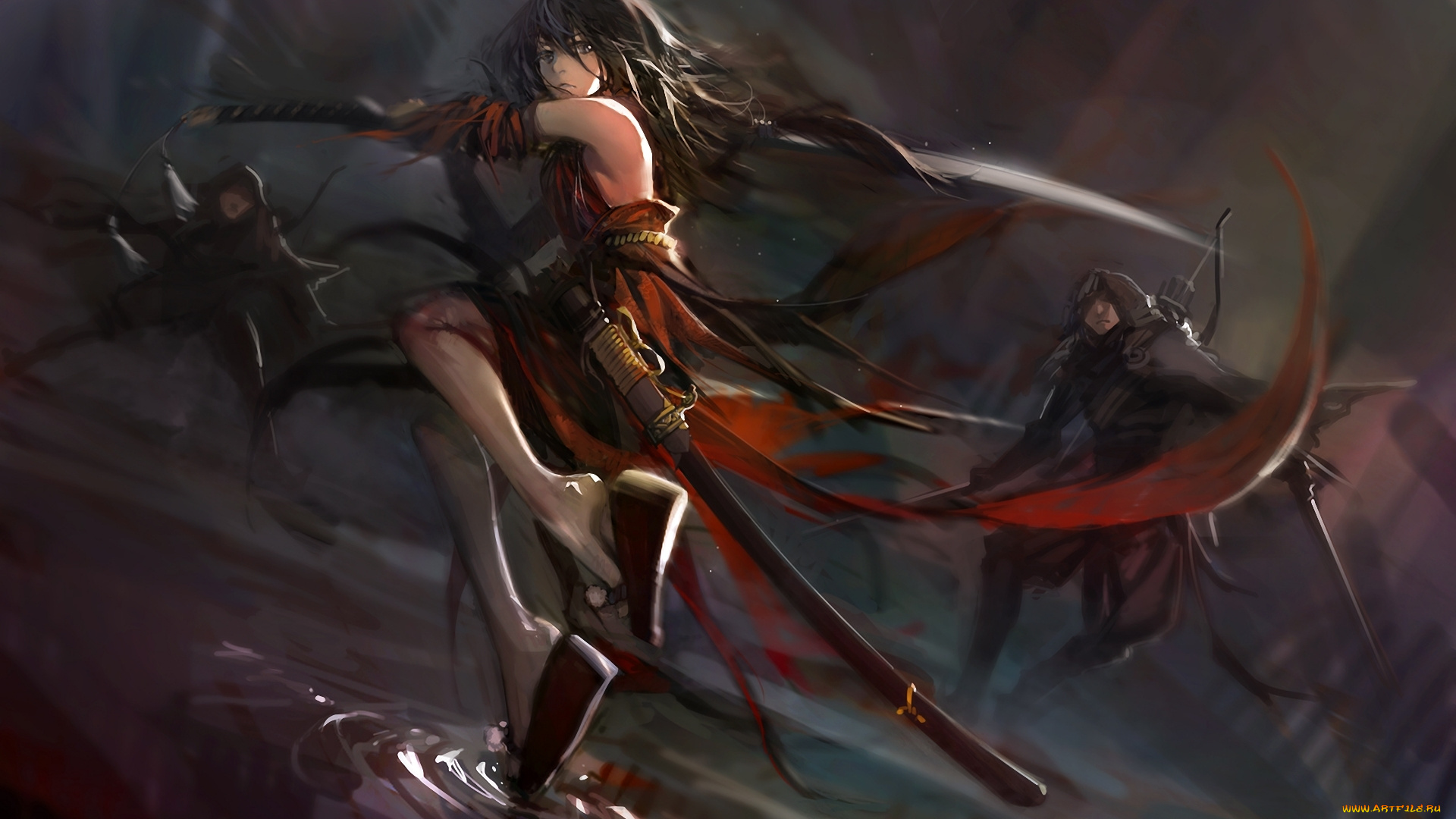 аниме, pixiv, fantasia, pixiv, fantasia, blueman, вода, меч, битва, девушка, арт, противники