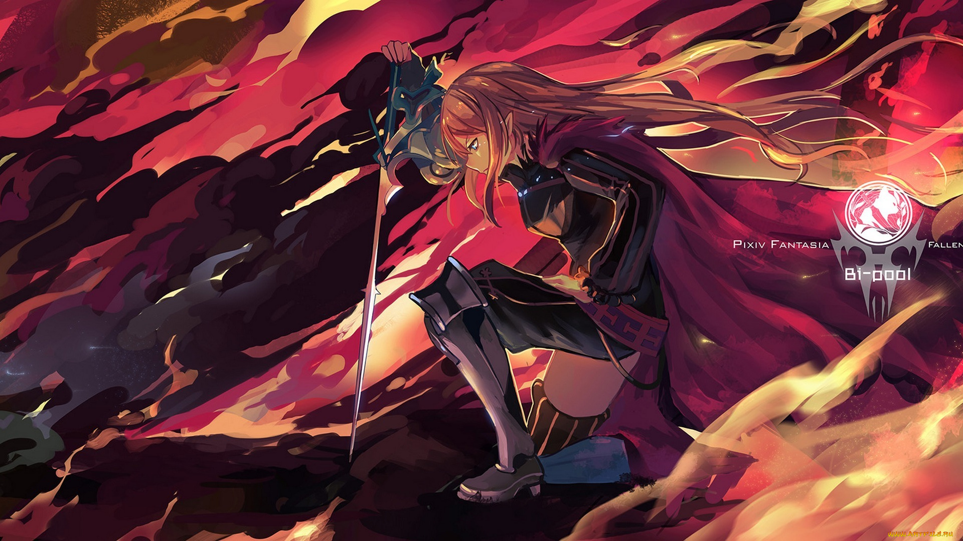 аниме, pixiv, fantasia, pixiv, fantasia, tsubasa19900920, арт, плащ, меч, дым, девушка, оружие