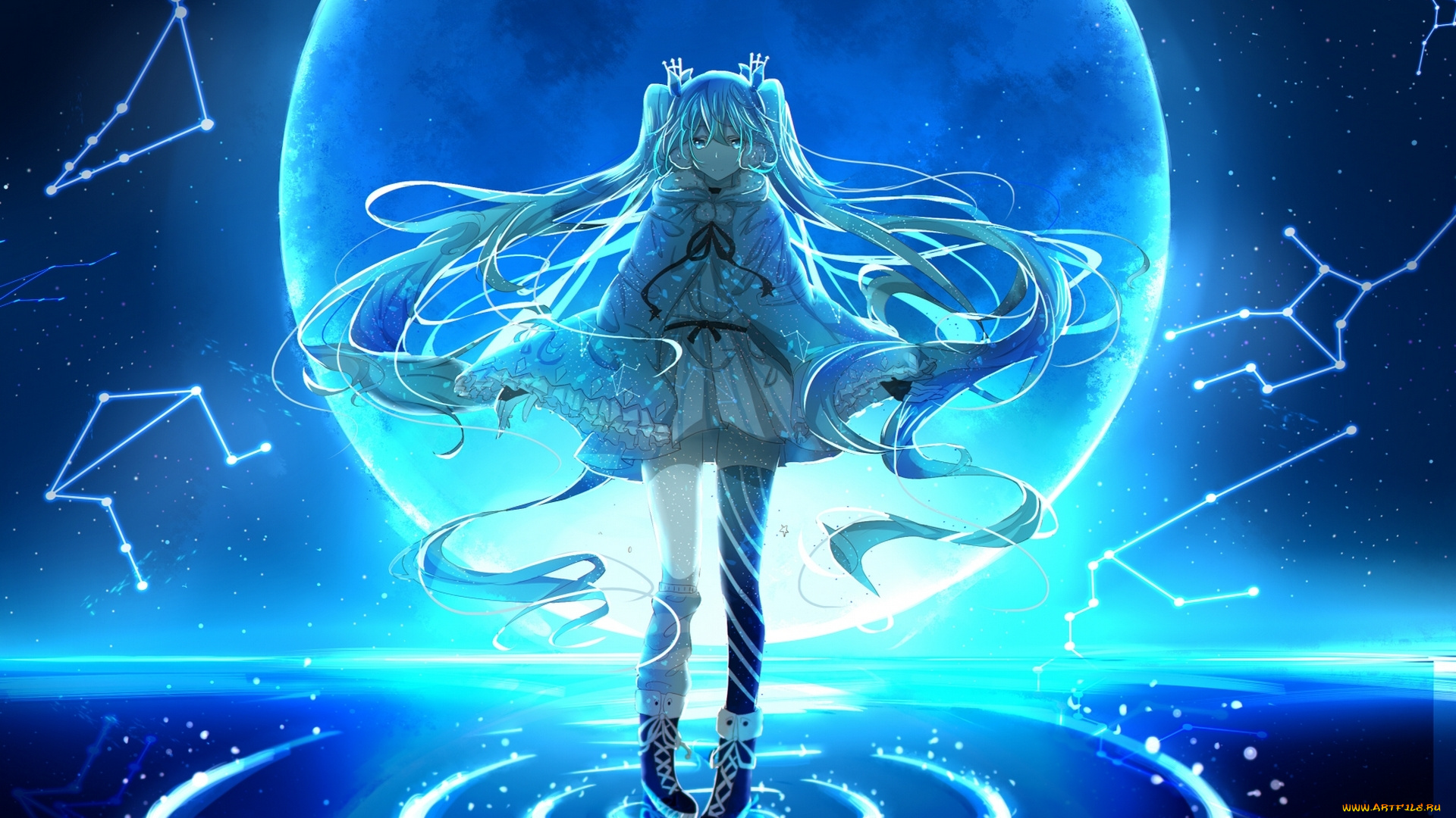аниме, vocaloid, небо, вода, луна, созвездия, девушка, hatsune, miku, fuyu, no, yoru