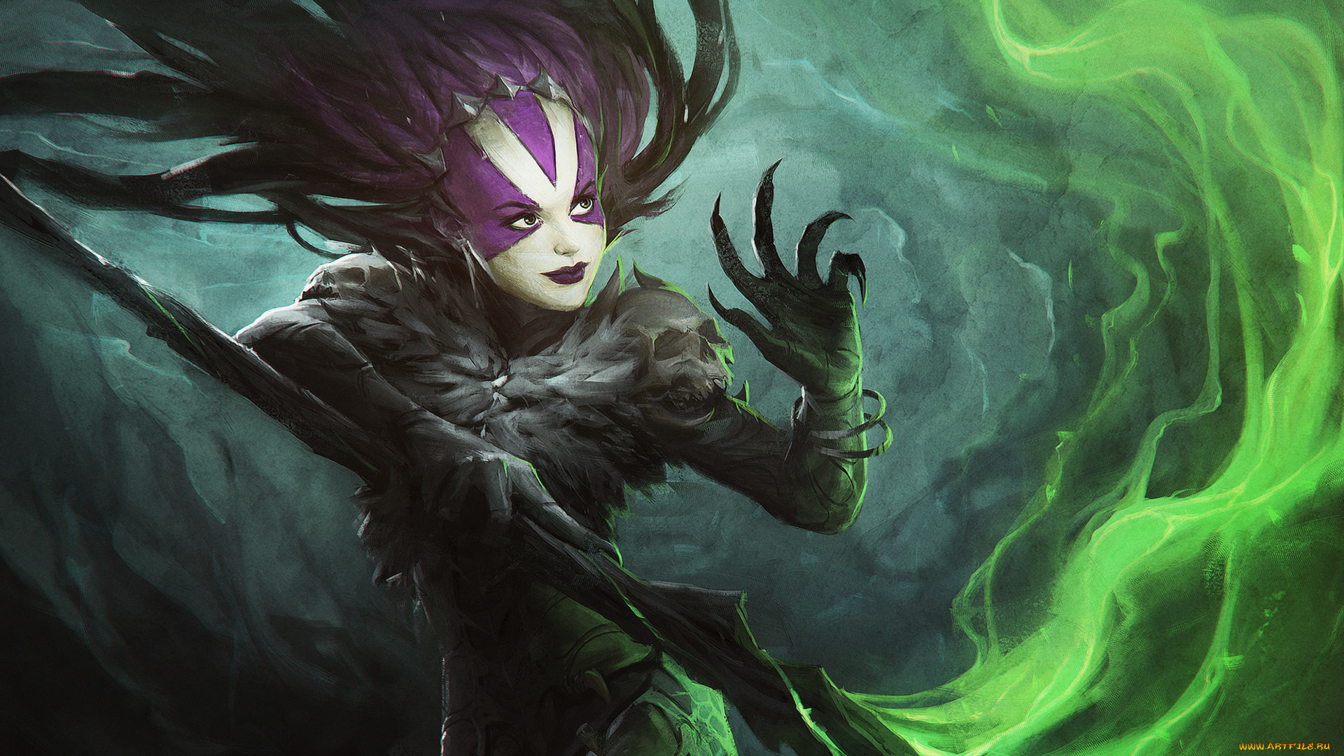 фэнтези, демоны, магия, посох, взгляд, демоница, когти, арт