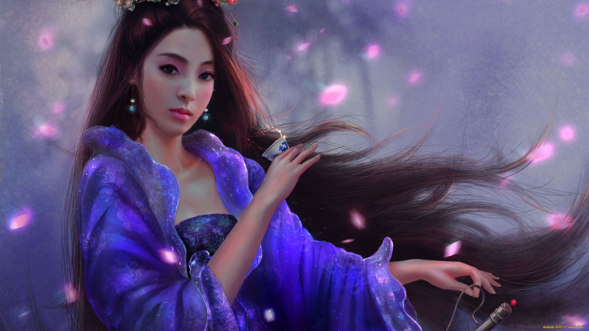 фэнтези, девушки, япония, взгляд, венок, девушка, арт, чай, волосы