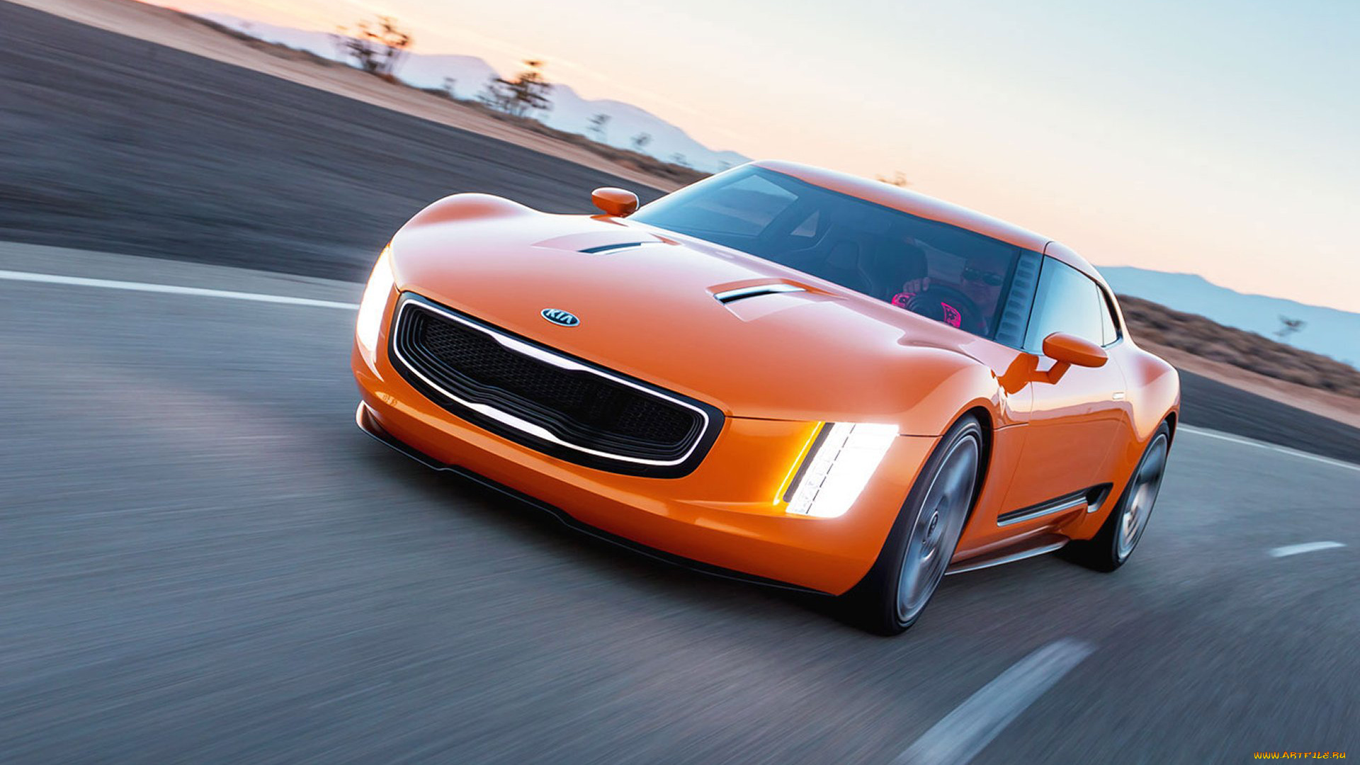 kia, gt4, stinger, concept, 2014, автомобили, kia, gt4, stinger, concept, 2014, жёлтый, дорога, движение
