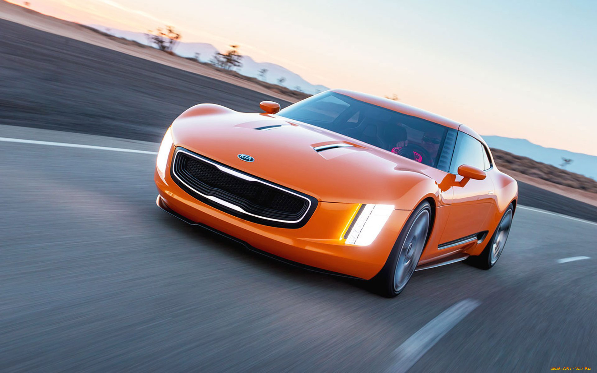 kia, gt4, stinger, concept, 2014, автомобили, kia, gt4, stinger, concept, 2014, жёлтый, дорога, движение