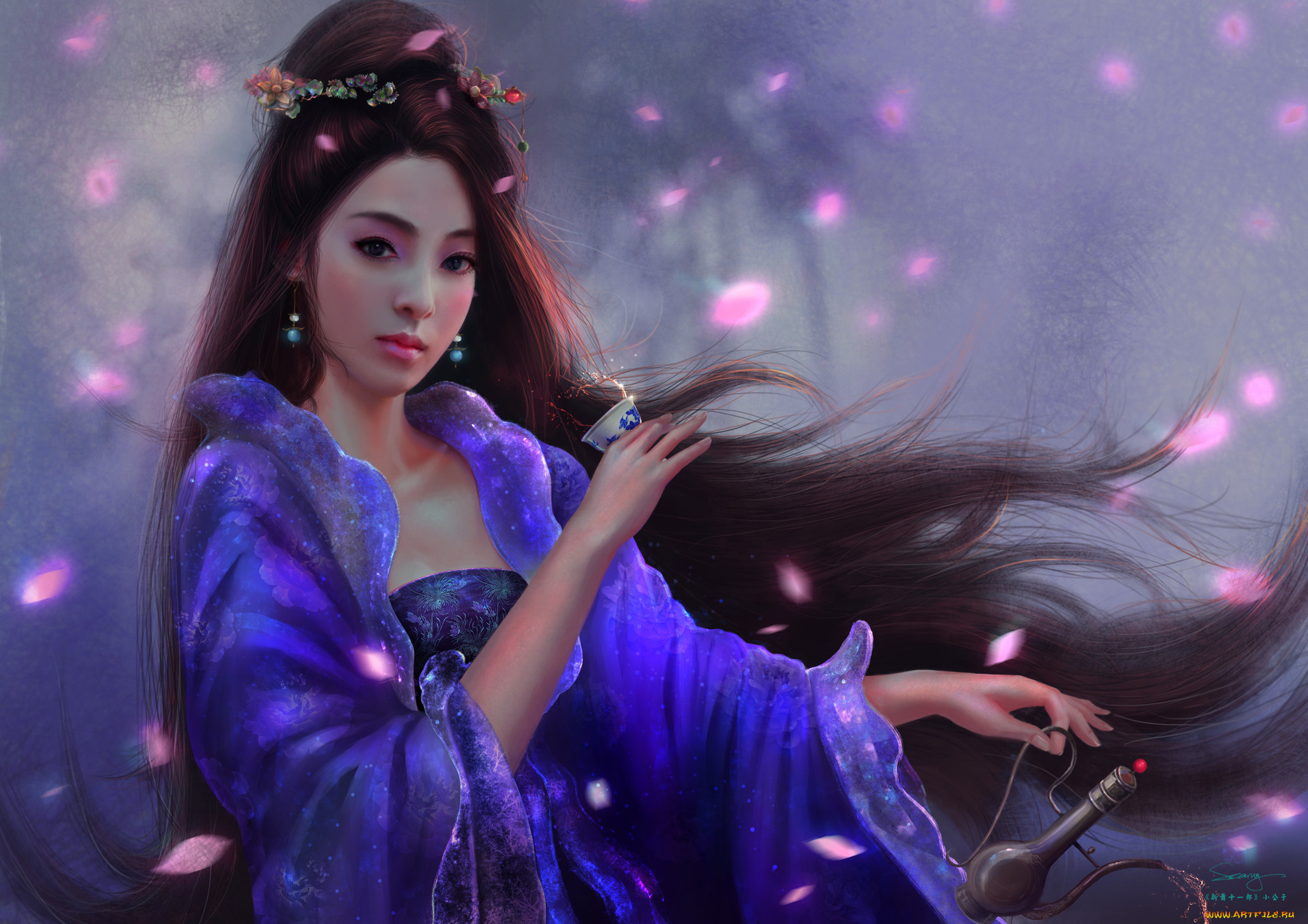 фэнтези, девушки, япония, взгляд, венок, девушка, арт, чай, волосы