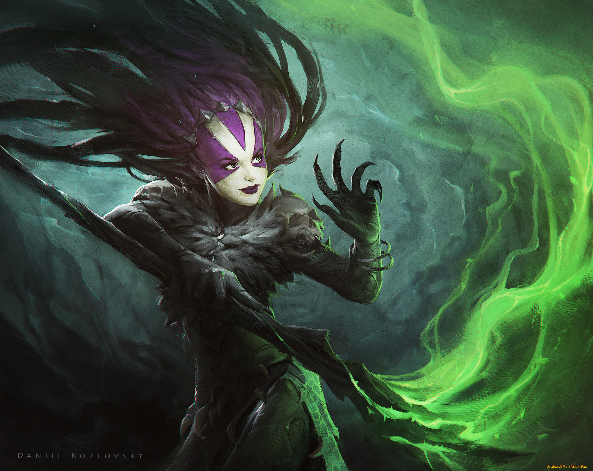 фэнтези, демоны, магия, посох, взгляд, демоница, когти, арт