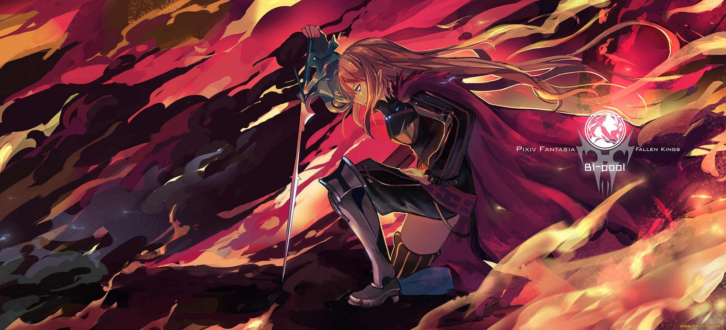 аниме, pixiv, fantasia, pixiv, fantasia, tsubasa19900920, арт, плащ, меч, дым, девушка, оружие