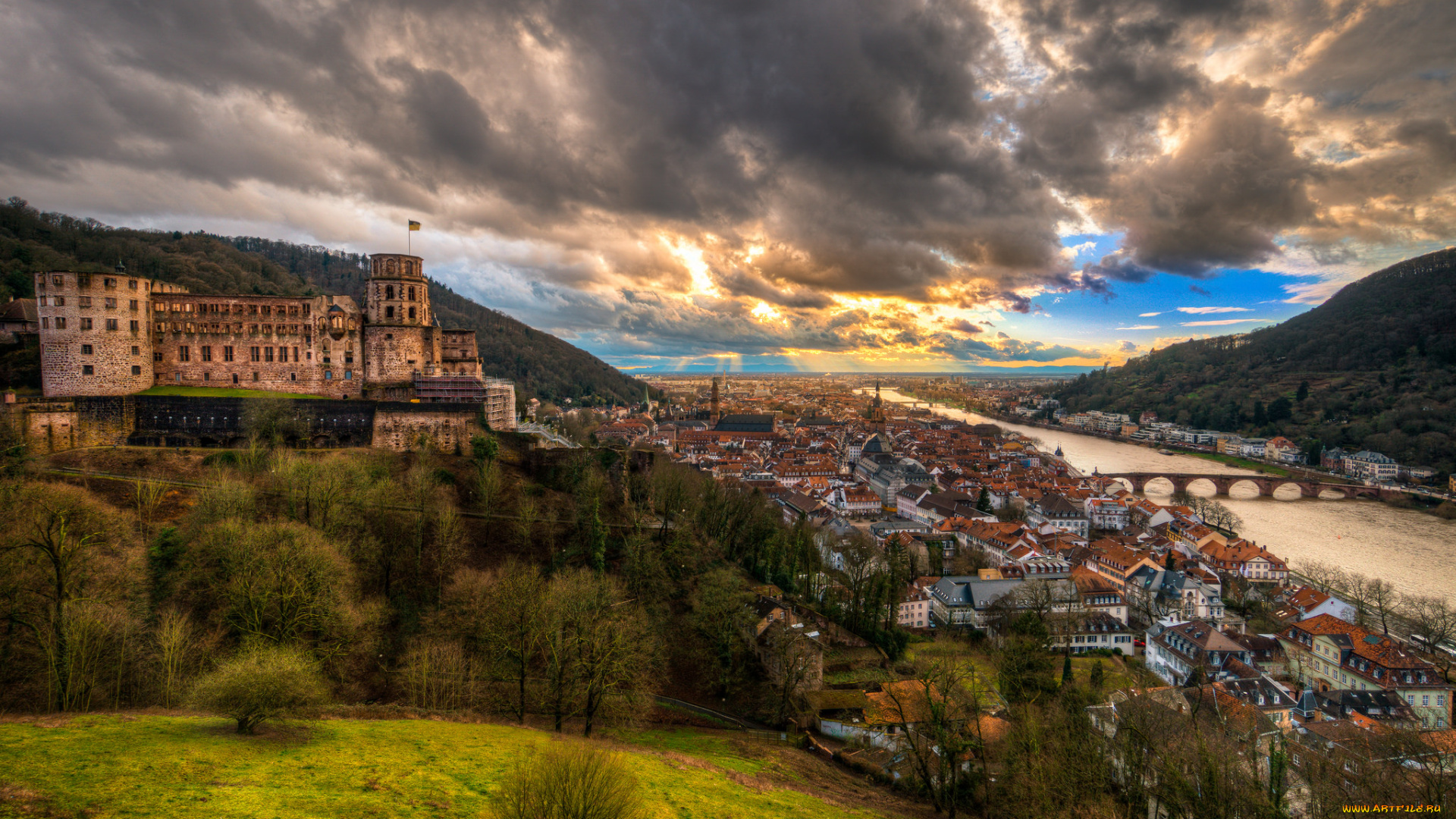 heidelberg, города, -, панорамы, тучи, мосты, река