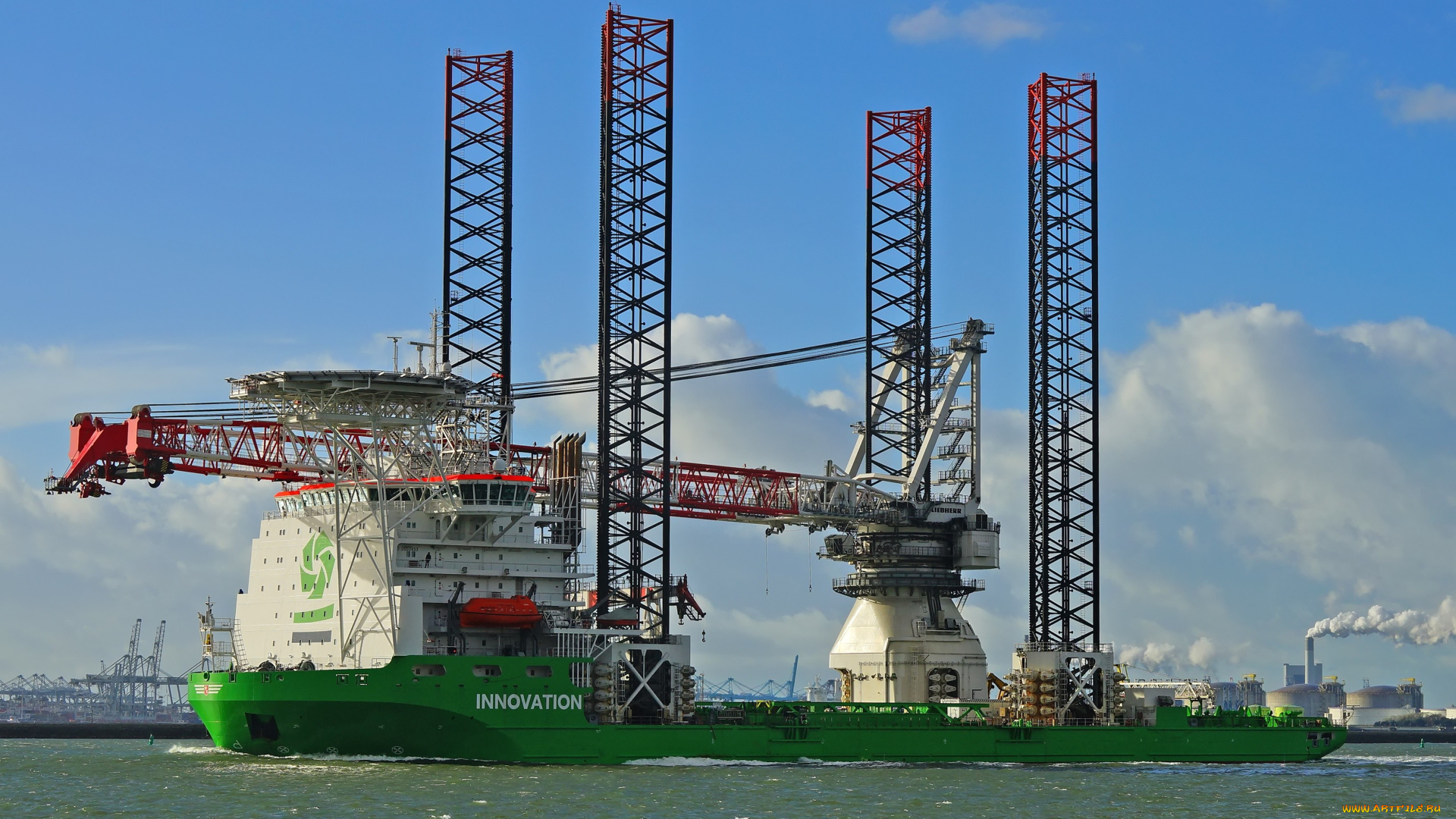 корабли, другое, большой, плавучий, кран, на, воде