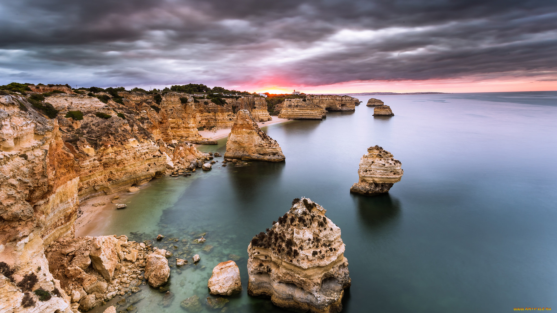 природа, побережье, sunrise, dawn, atlantic, ocean, rock, portuga, algarve