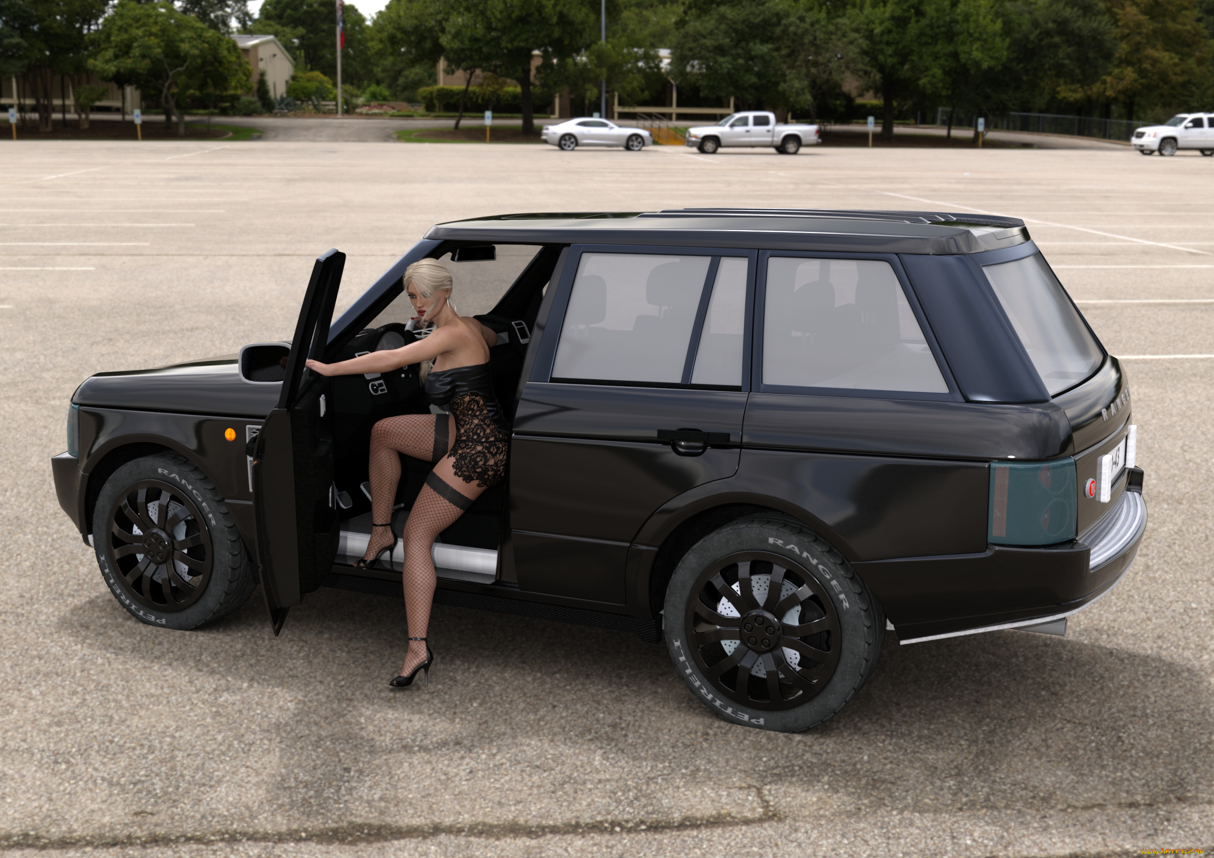 автомобили, 3d, car&girl, девушка, взгляд, фон, автомобиль