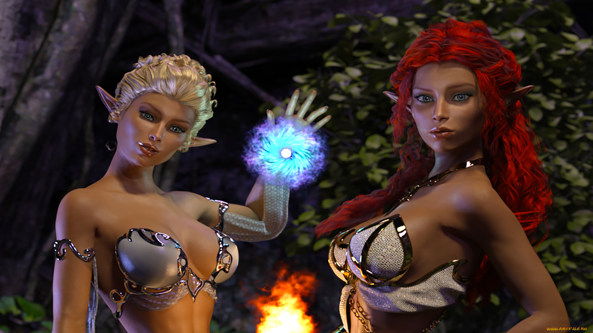 3д, графика, эльфы, , elves, фон, взгляд, девушки