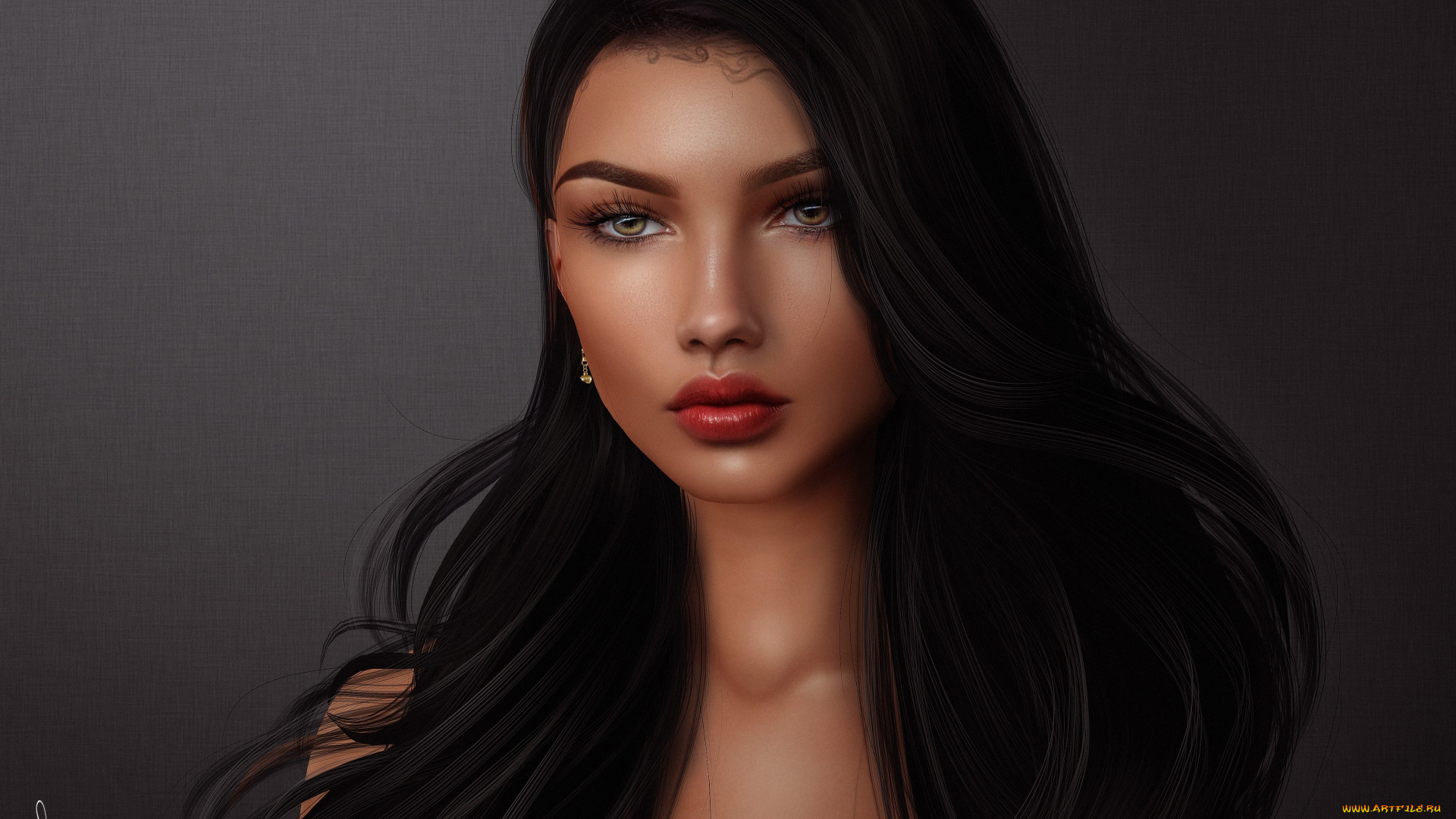 3д, графика, портрет, , portraits, красотка, волосы, лицо, фон, брюнетка, взгляд