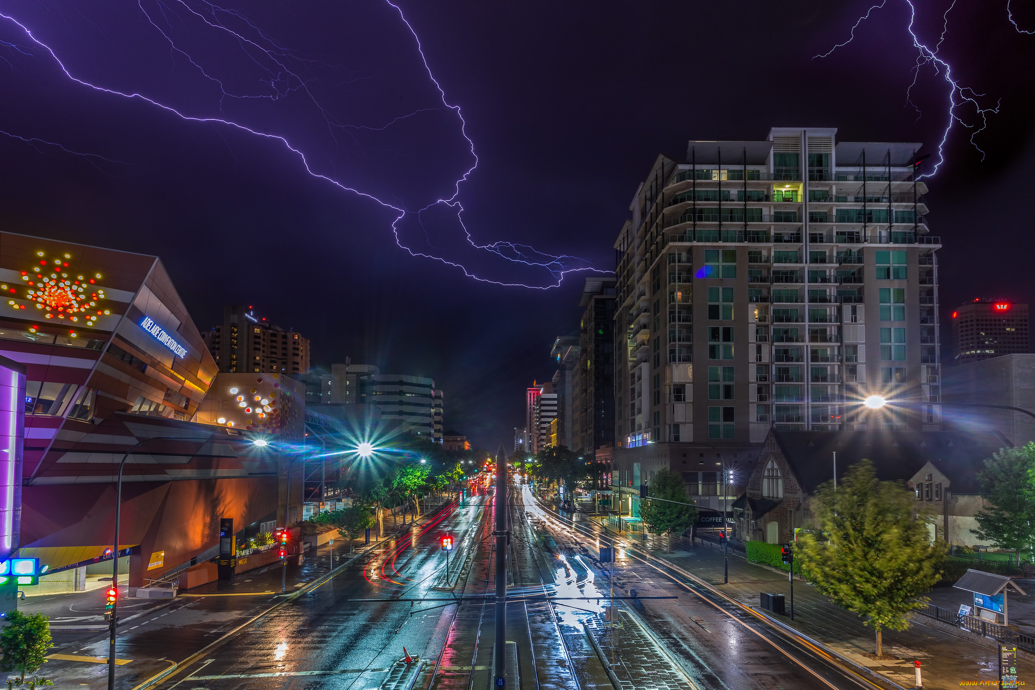 adelaide, города, -, огни, ночного, города, простор