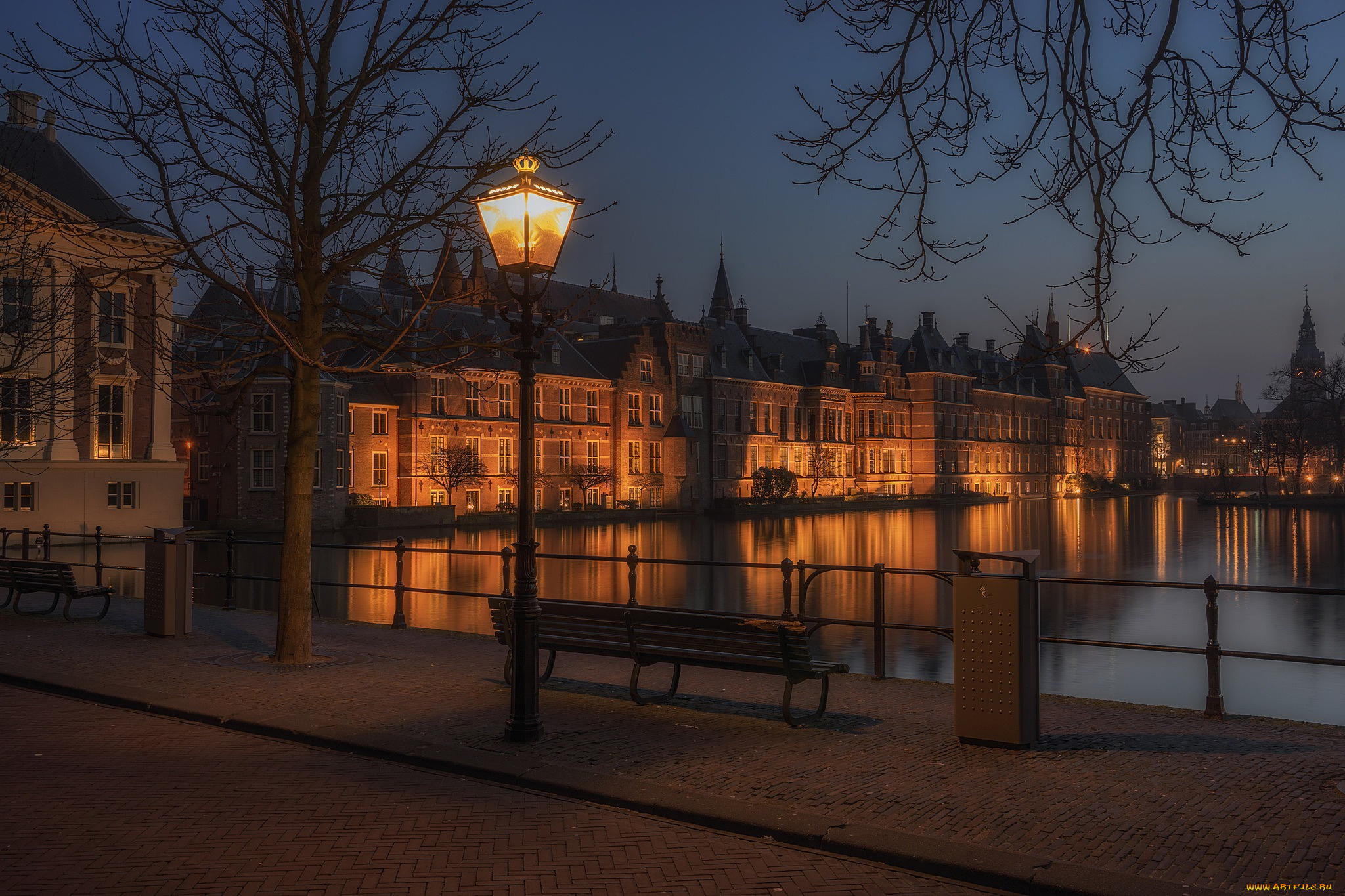 города, -, огни, ночного, города, голландия, hofvijver, нидерланды, den, haag, гаага