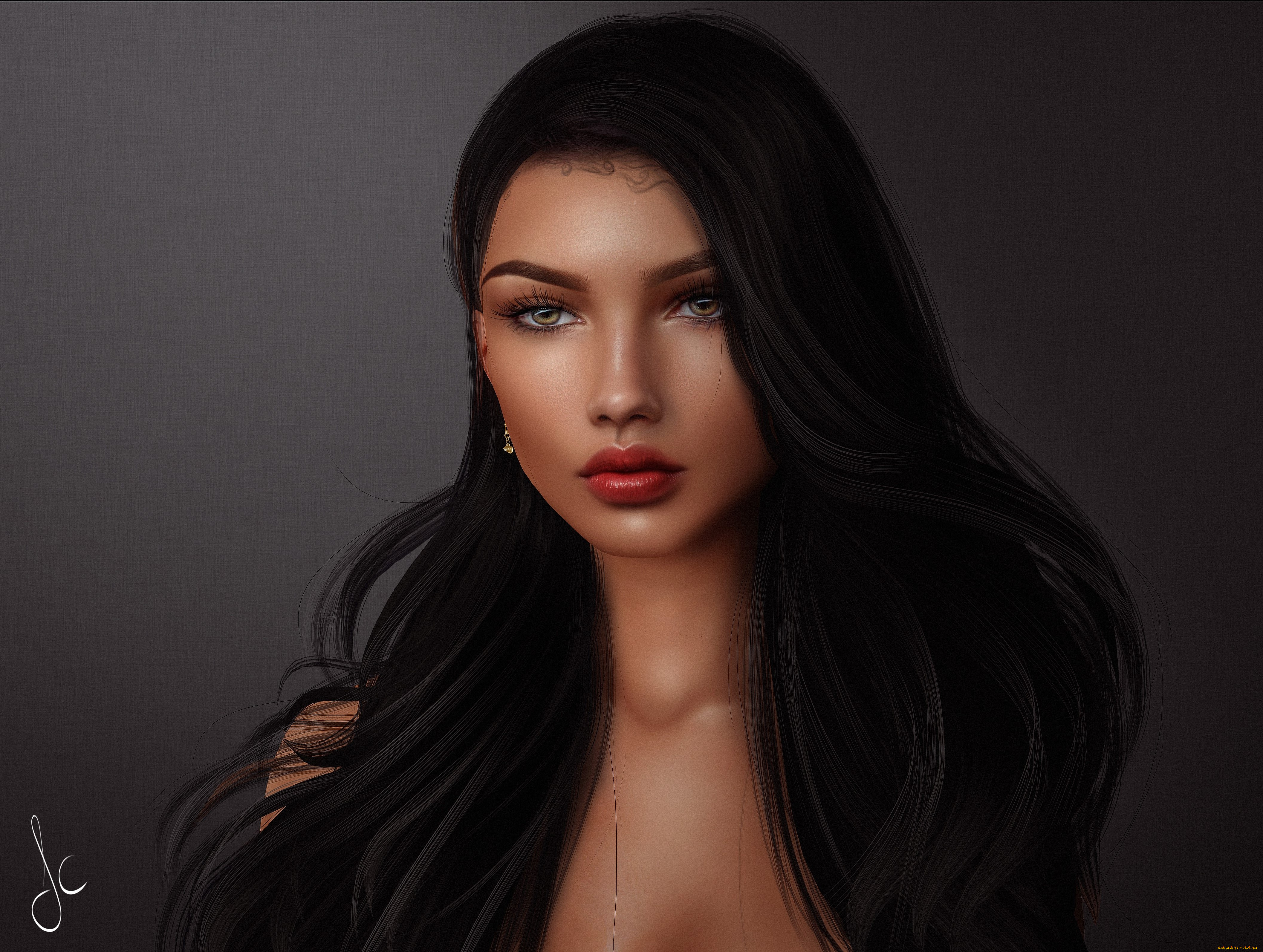 3д, графика, портрет, , portraits, красотка, волосы, лицо, фон, брюнетка, взгляд