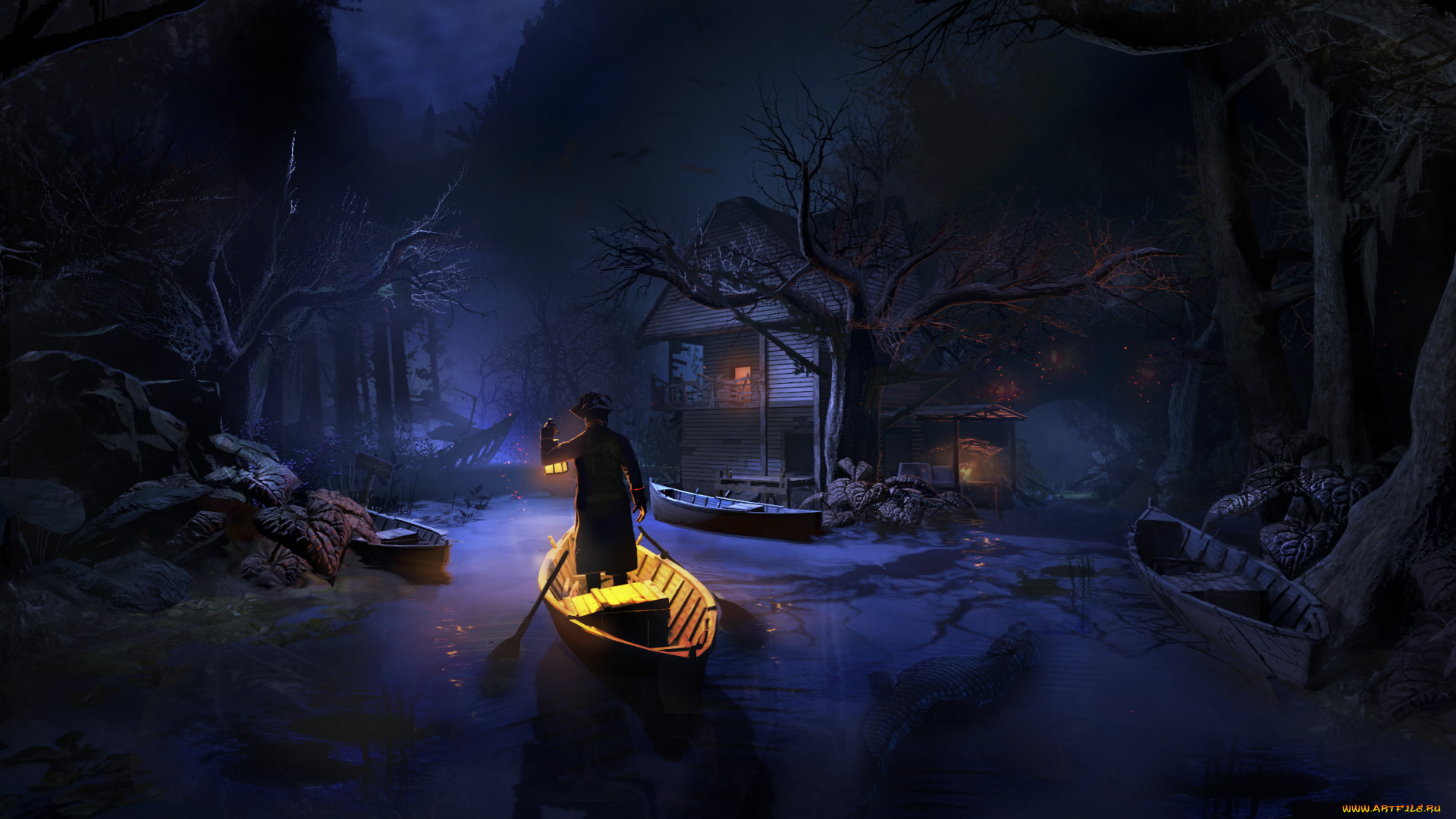 фэнтези, люди, свет, мужчина, лодка, фон, дом, река