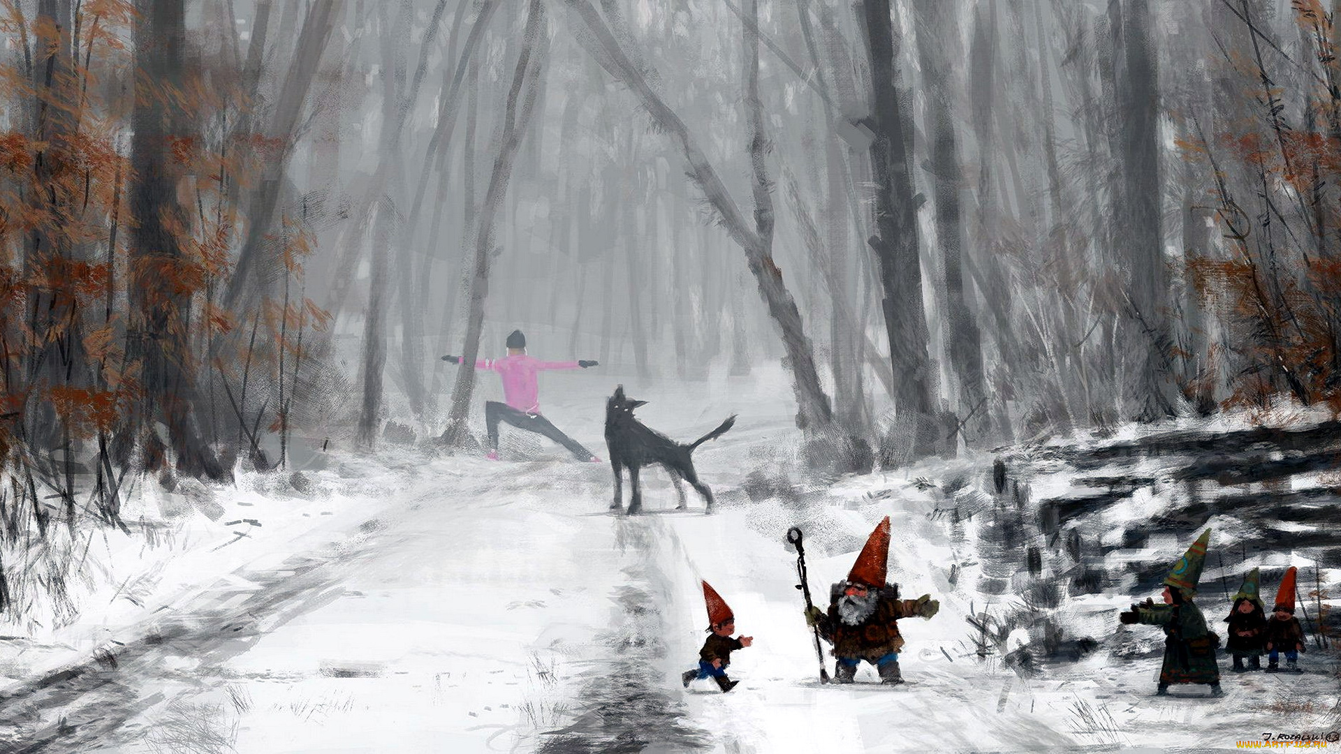 фэнтези, существа, гномы, человек, собака, снег, лес, семья