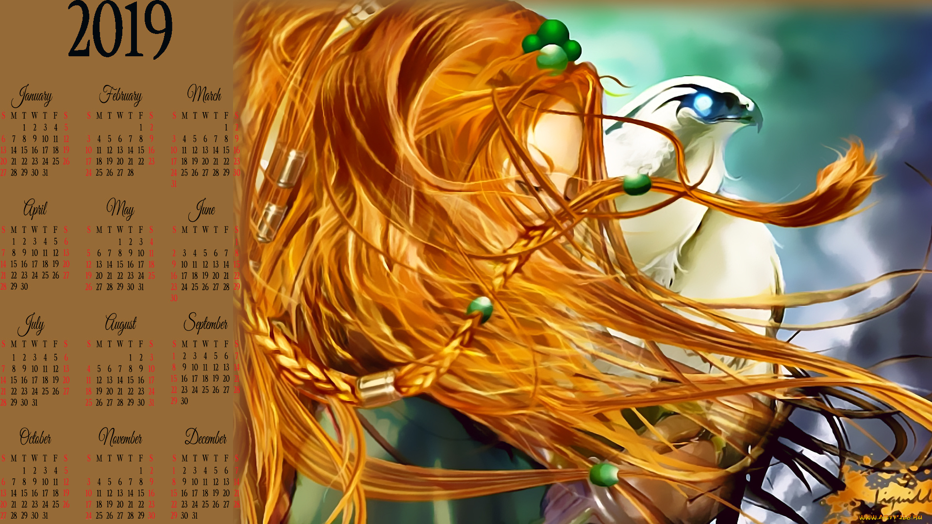 календари, фэнтези, профиль, птица, девушка, косички