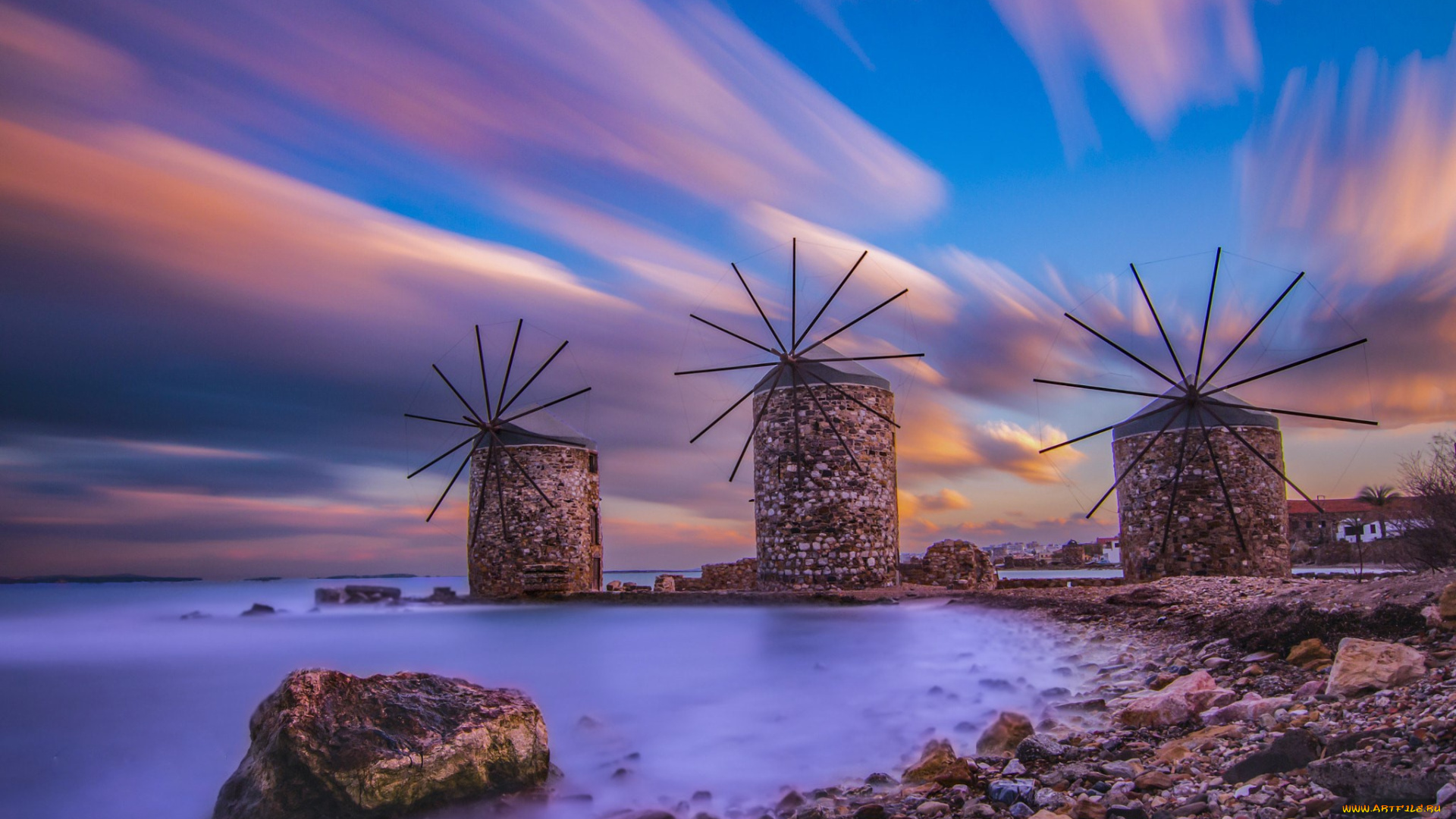 разное, мельницы, море, побережье, вечер