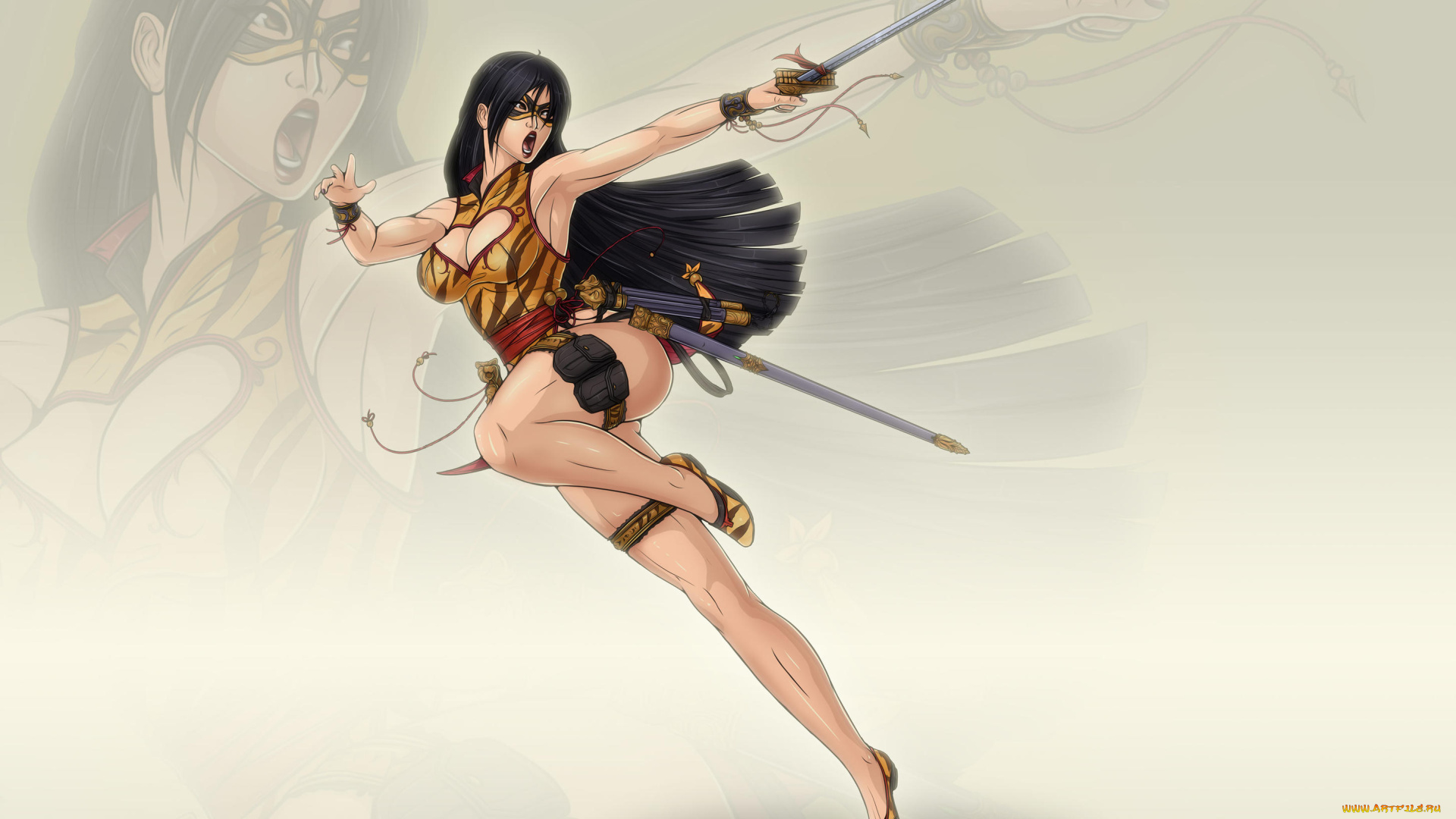 рисованное, комиксы, сабля, маска, фон, девушка