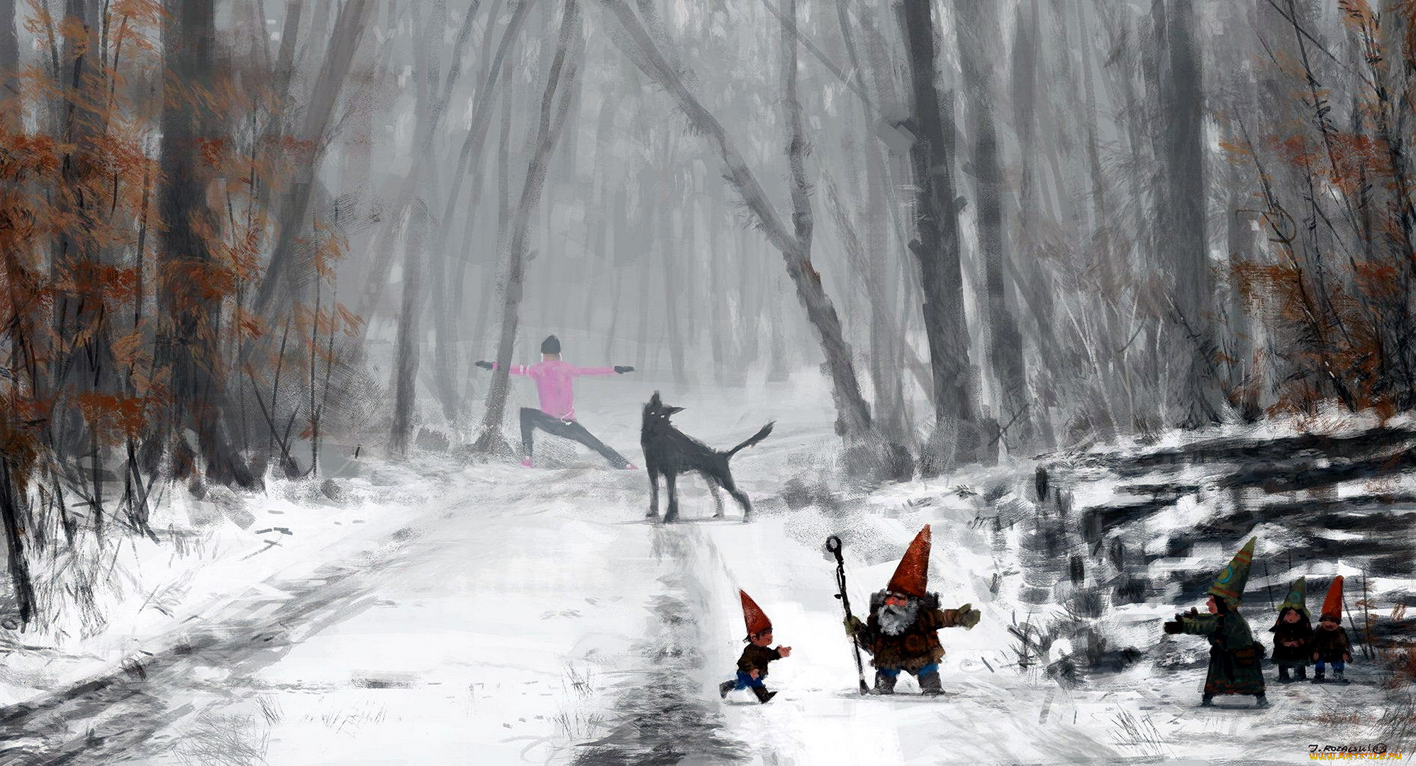 фэнтези, существа, гномы, человек, собака, снег, лес, семья