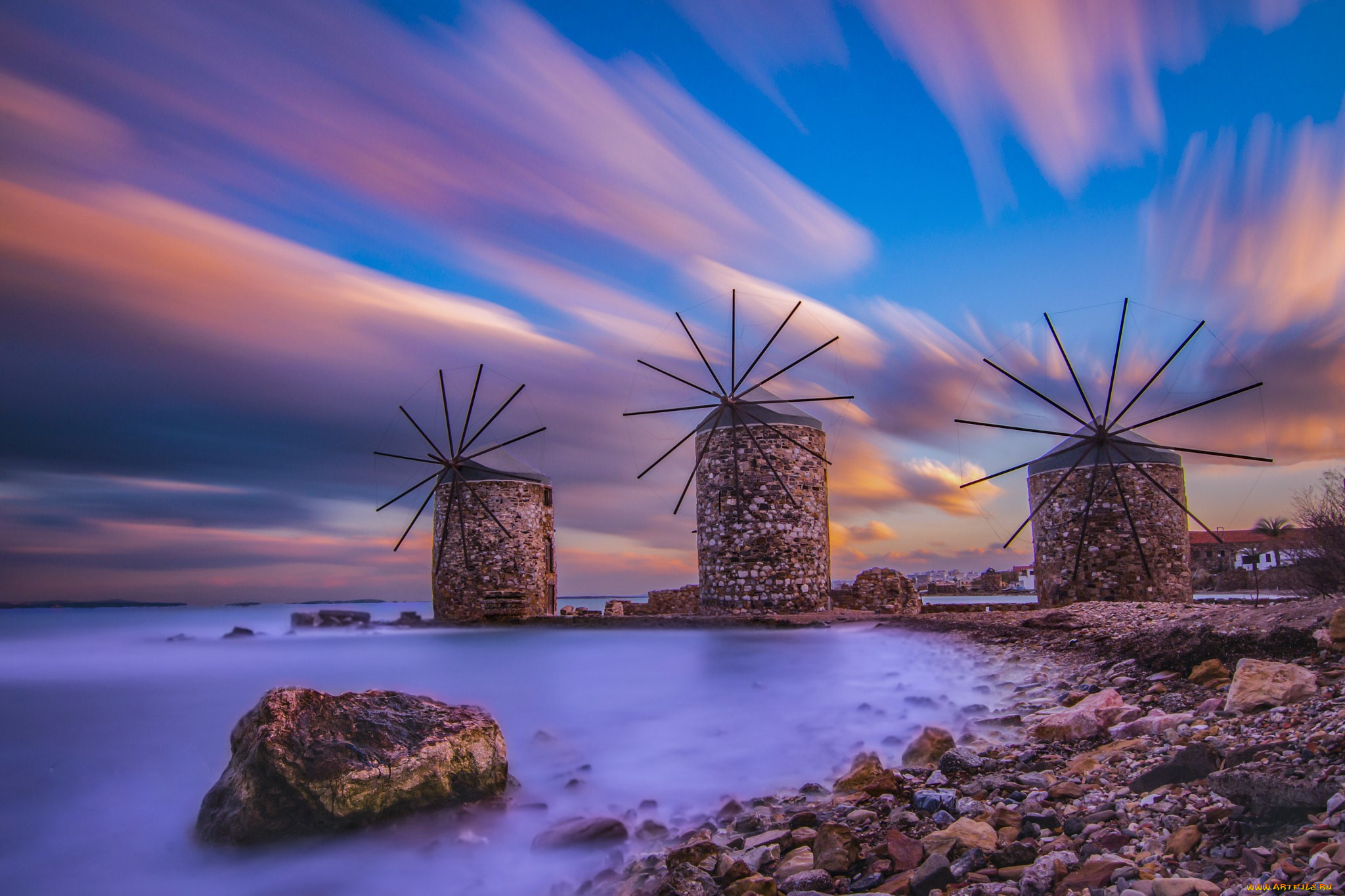 разное, мельницы, море, побережье, вечер