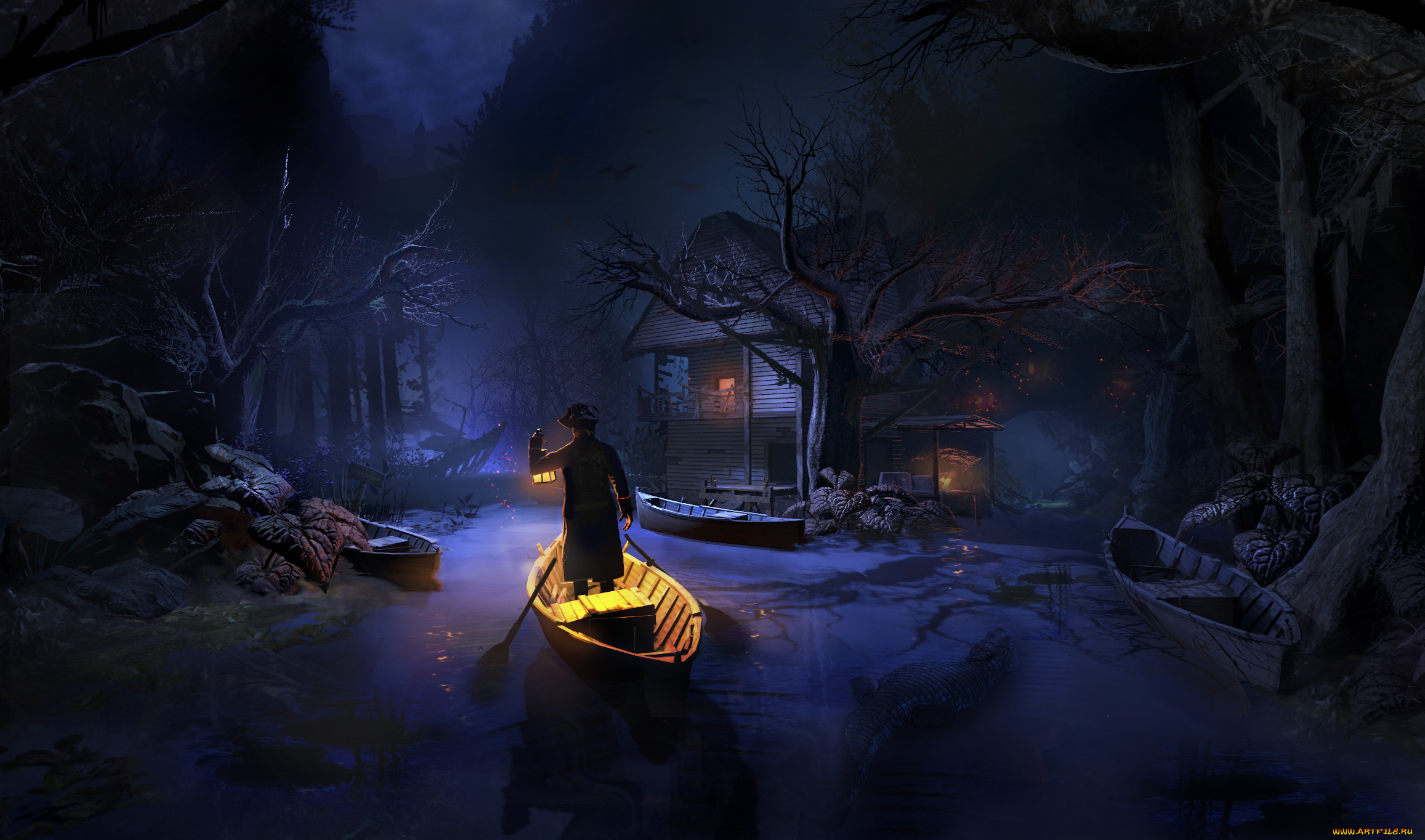 фэнтези, люди, свет, мужчина, лодка, фон, дом, река