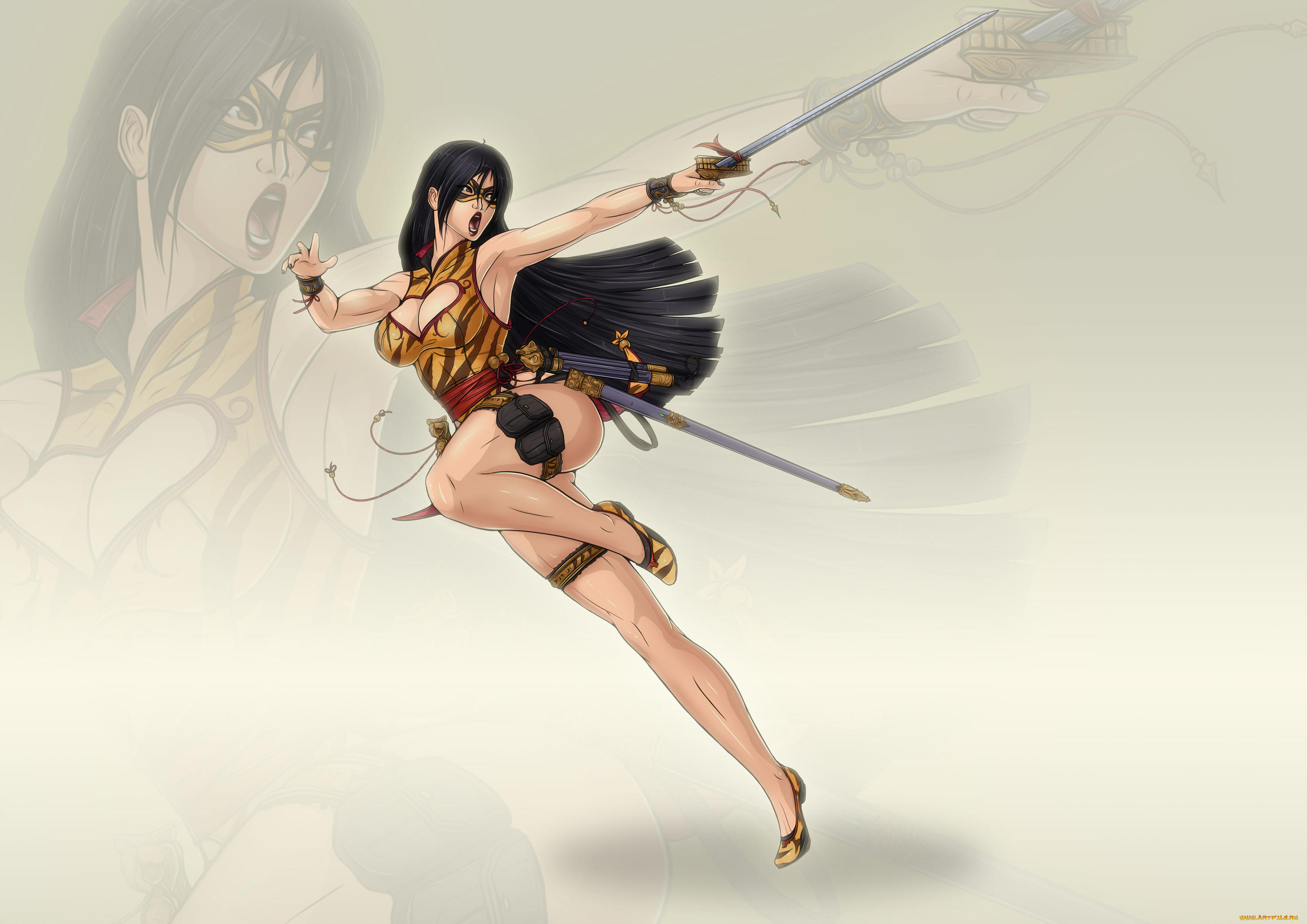 рисованное, комиксы, сабля, маска, фон, девушка