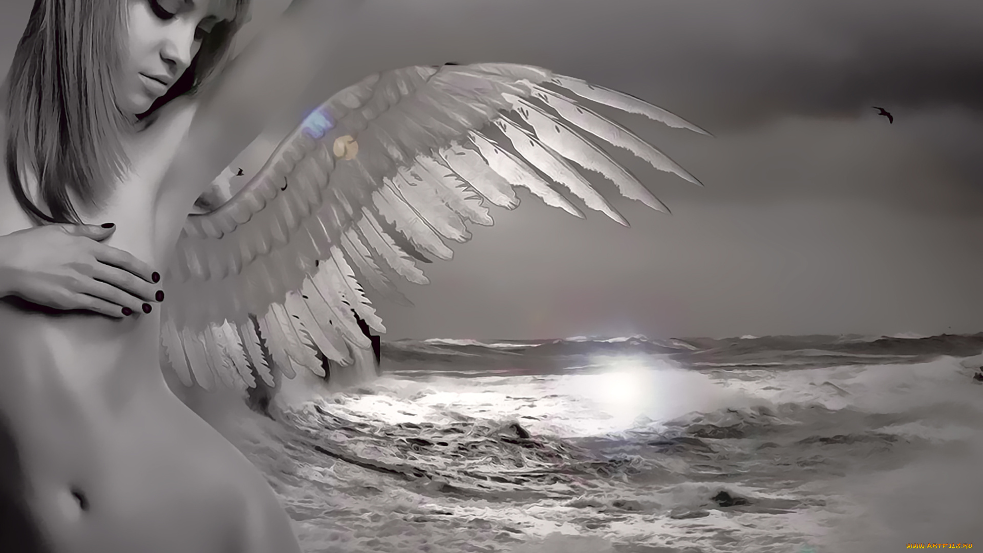 календари, фэнтези, девушка, ангел, крылья, водоем, обнаженная, calendar, 2020