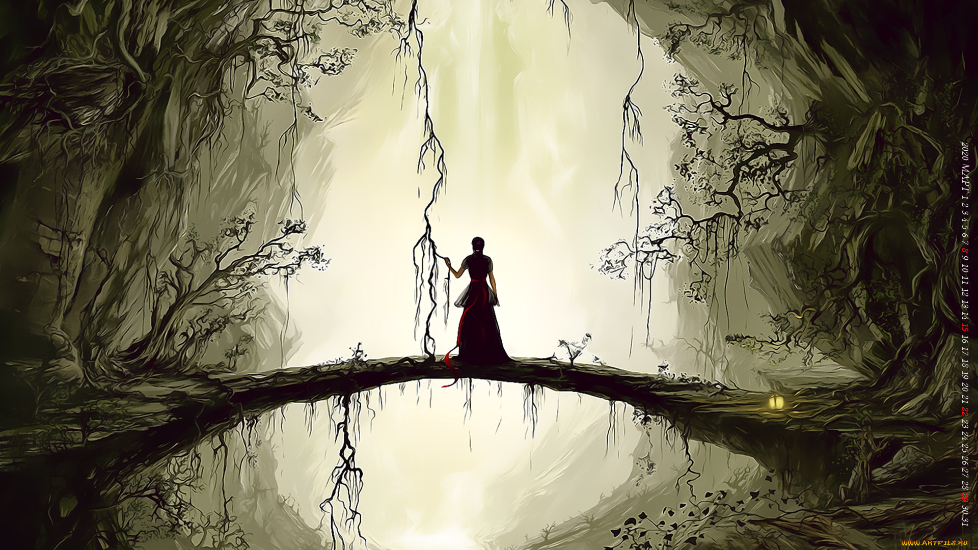 календари, фэнтези, девушка, пещера, мост, природа, calendar, 2020