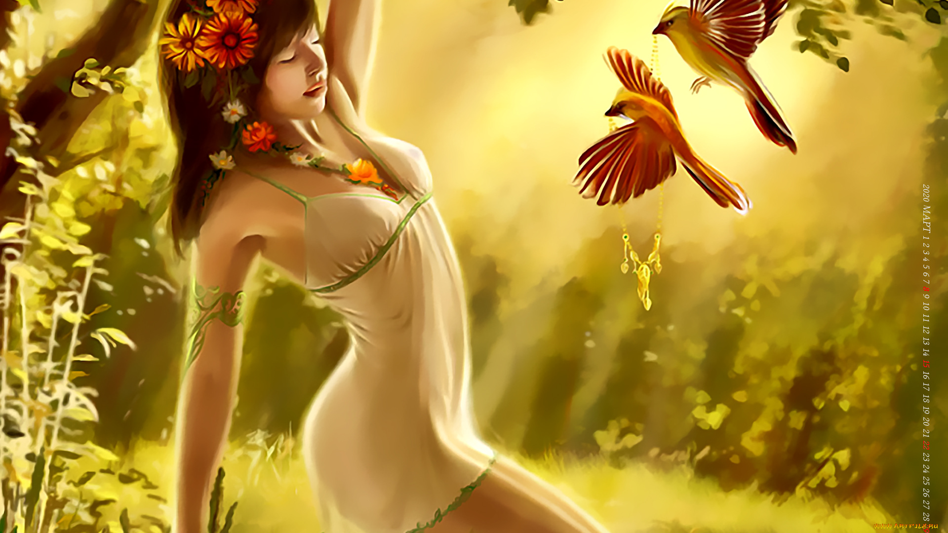 календари, фэнтези, девушка, венок, птица, цветы, природа, растение, calendar, 2020