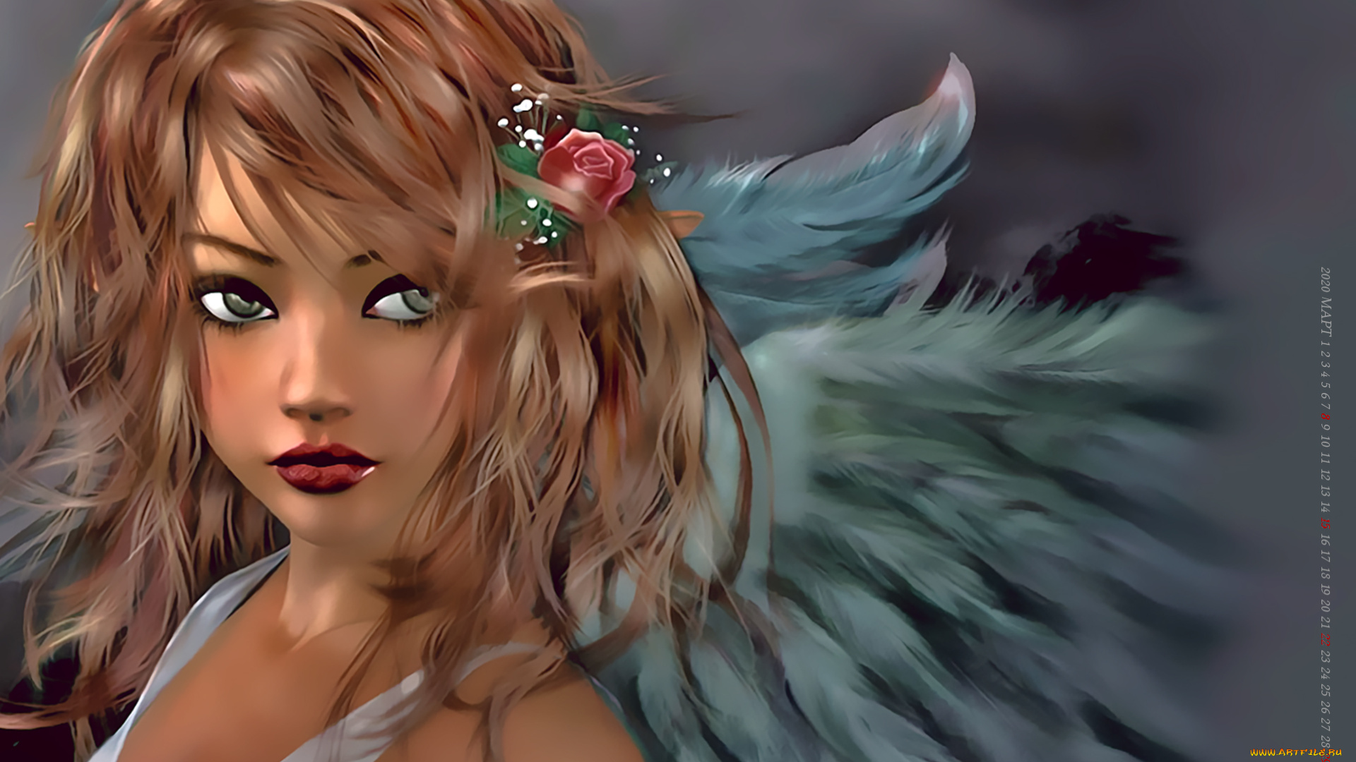 календари, фэнтези, крылья, девушка, цветок, calendar, 2020