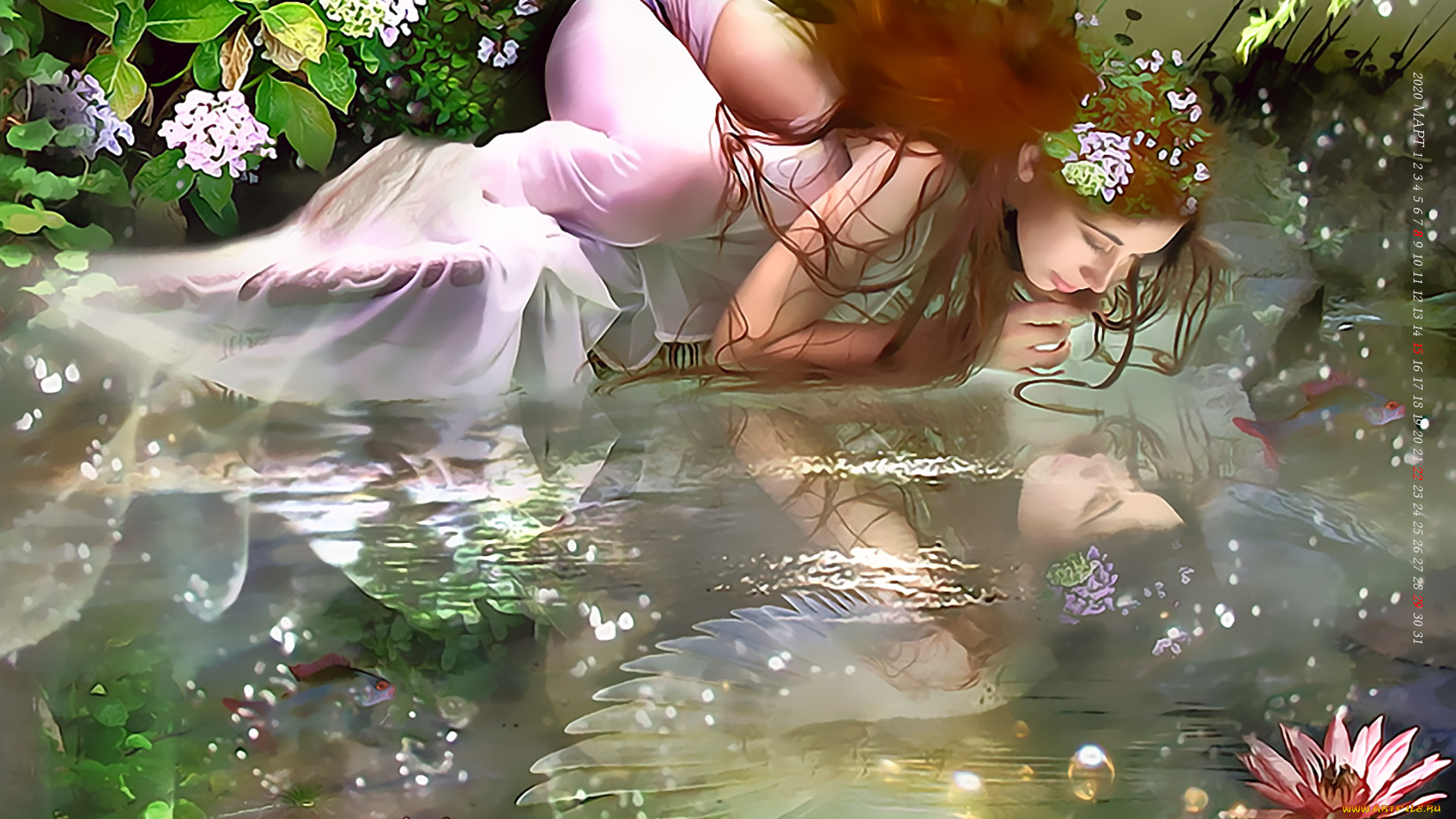 календари, фэнтези, природа, девушка, водоем, отражение, вода, растение, calendar, 2020