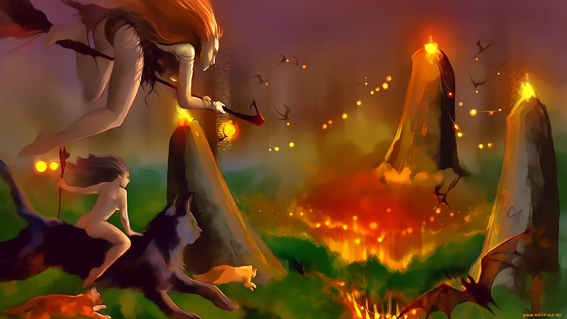 календари, фэнтези, ведьма, рыжая, кошка, полет, девушка, мышь, летучая, calendar, 2020