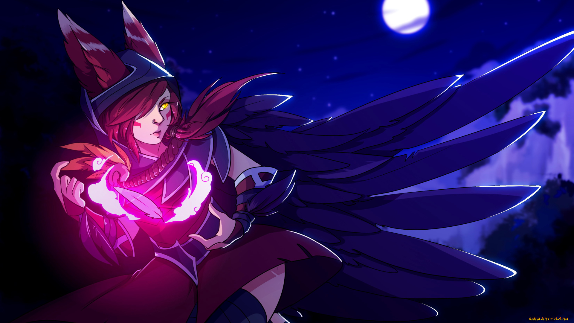 видео, игры, league, of, legends, xayah, крылья, перо, ночь, магия