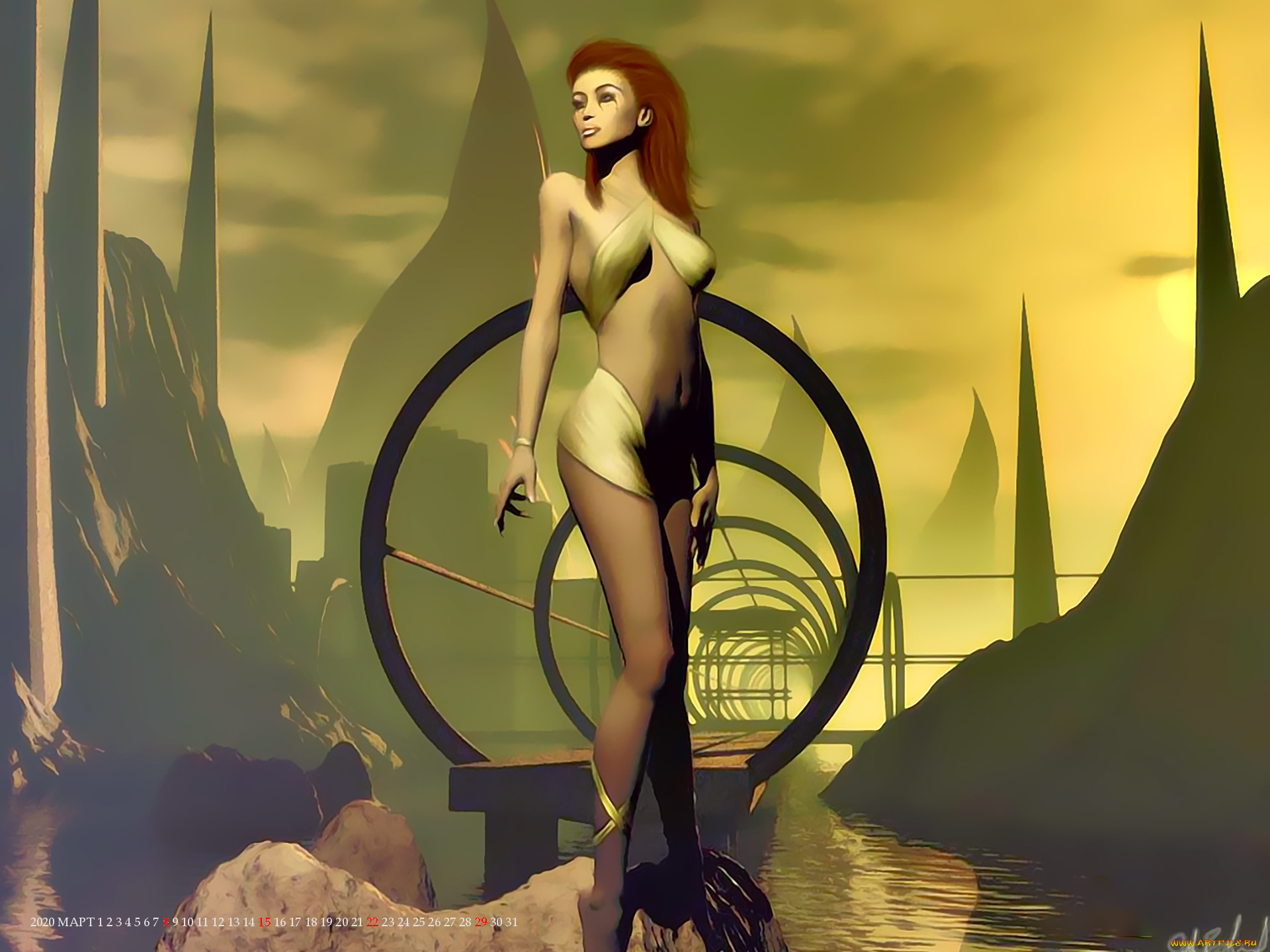 календари, 3д-графика, девушка, вода, водоем, женщина, calendar, 2020