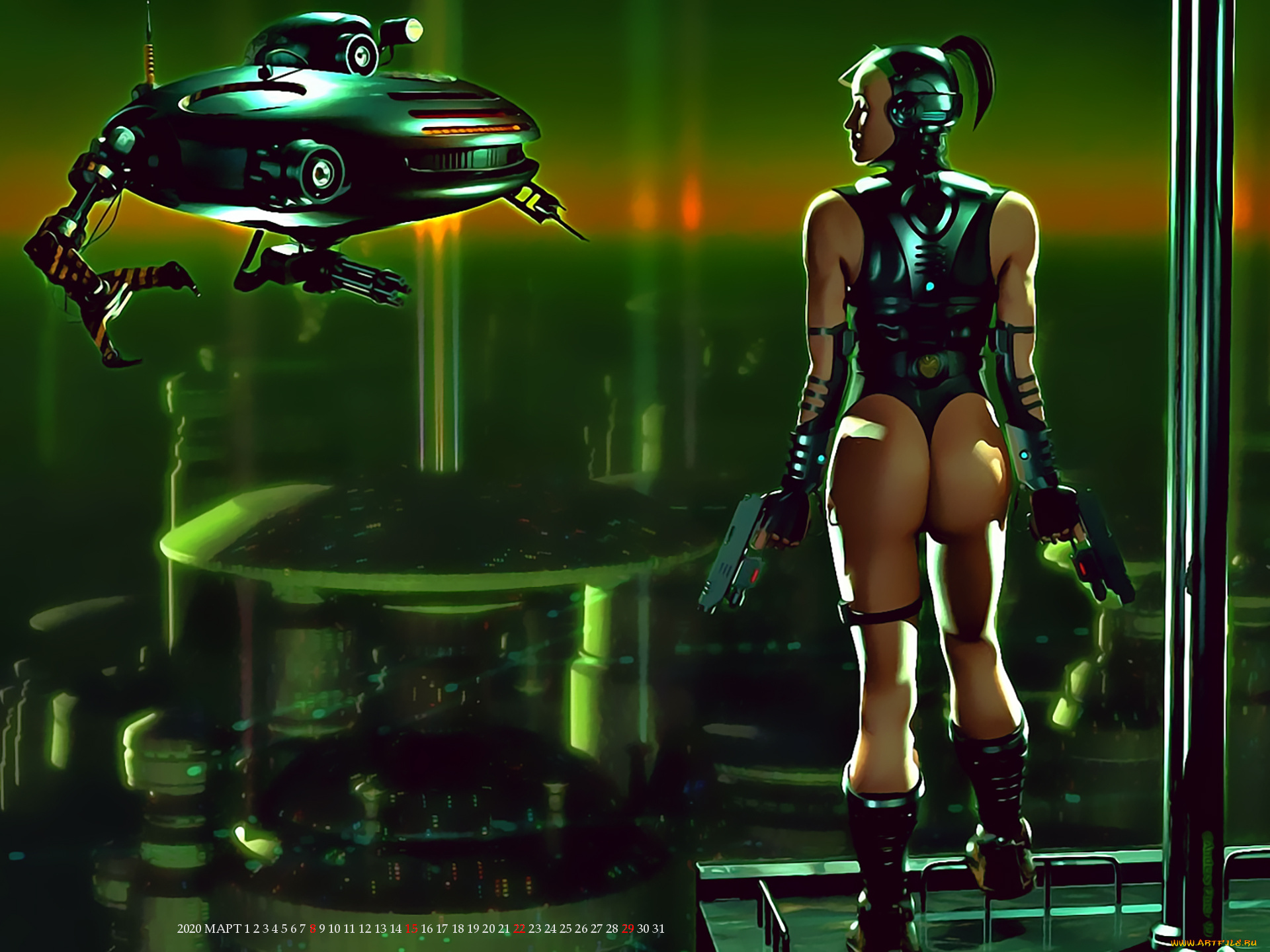 календари, фэнтези, девушка, оружие, робот, механизм, аппарат, будущее, calendar, 2020
