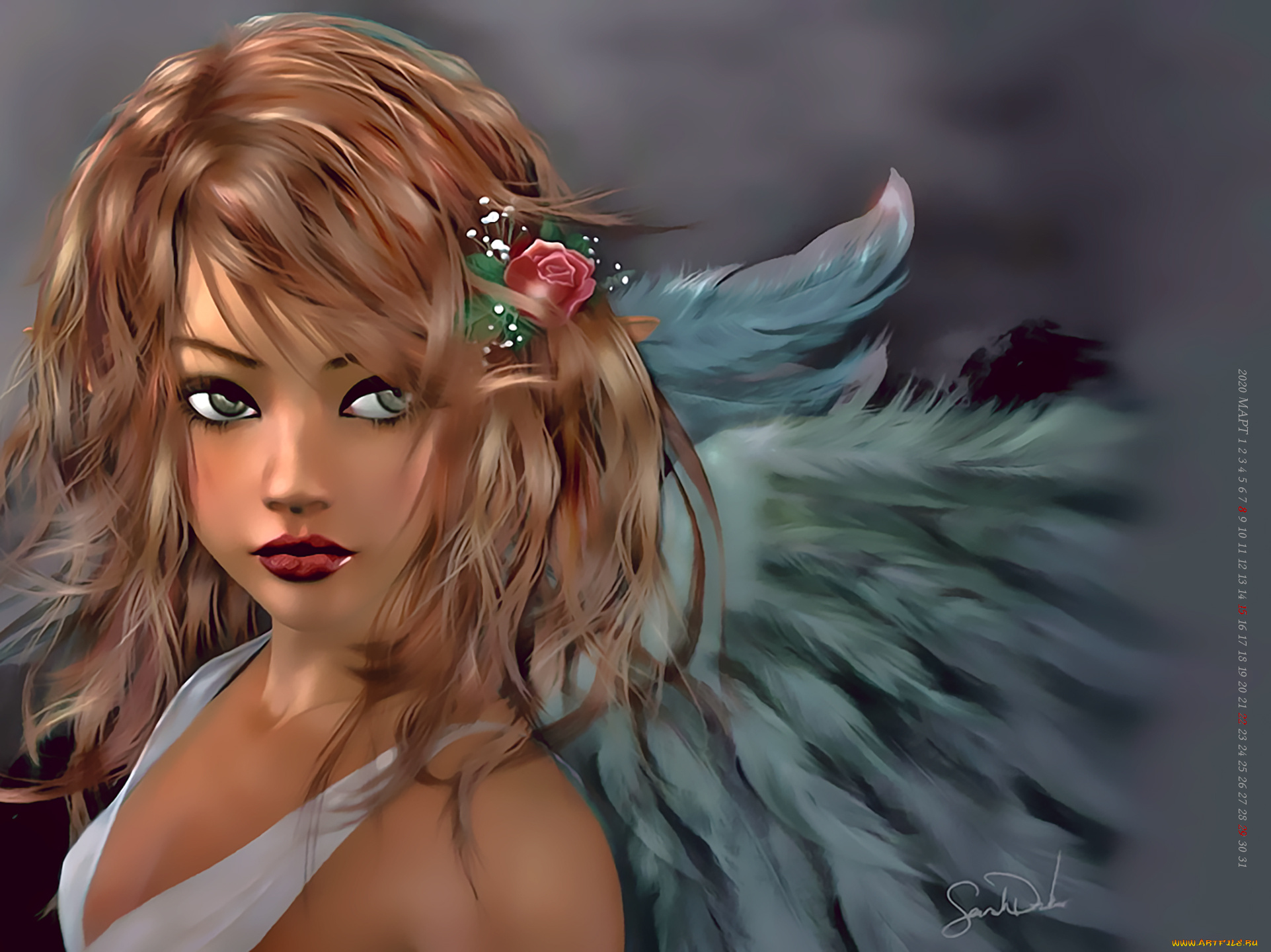 календари, фэнтези, крылья, девушка, цветок, calendar, 2020