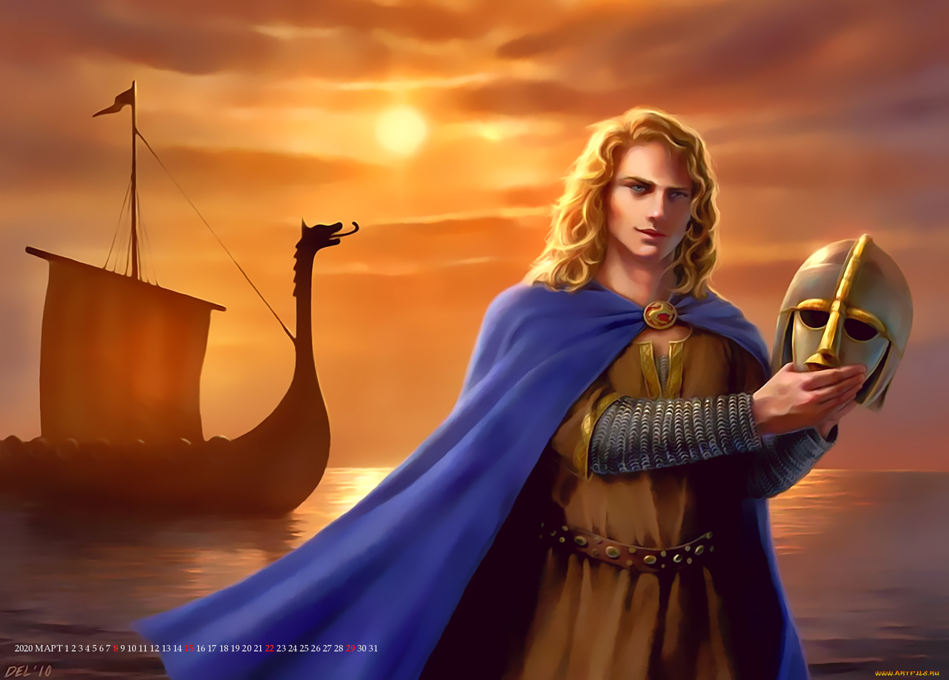 календари, фэнтези, закат, юноша, шлем, парусник, мужчина, calendar, 2020