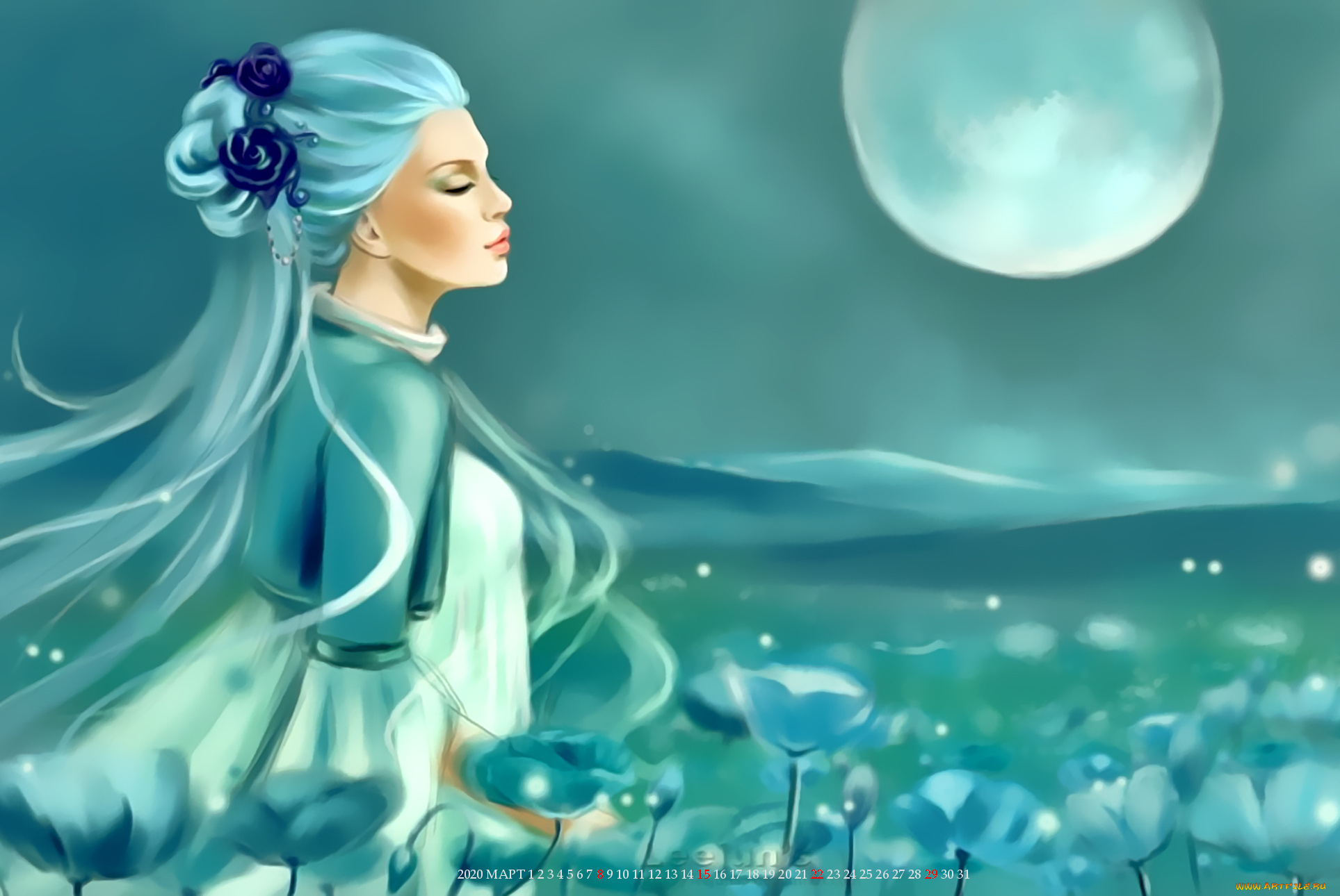 календари, фэнтези, цветы, женщина, профиль, природа, луна, девушка, calendar, 2020