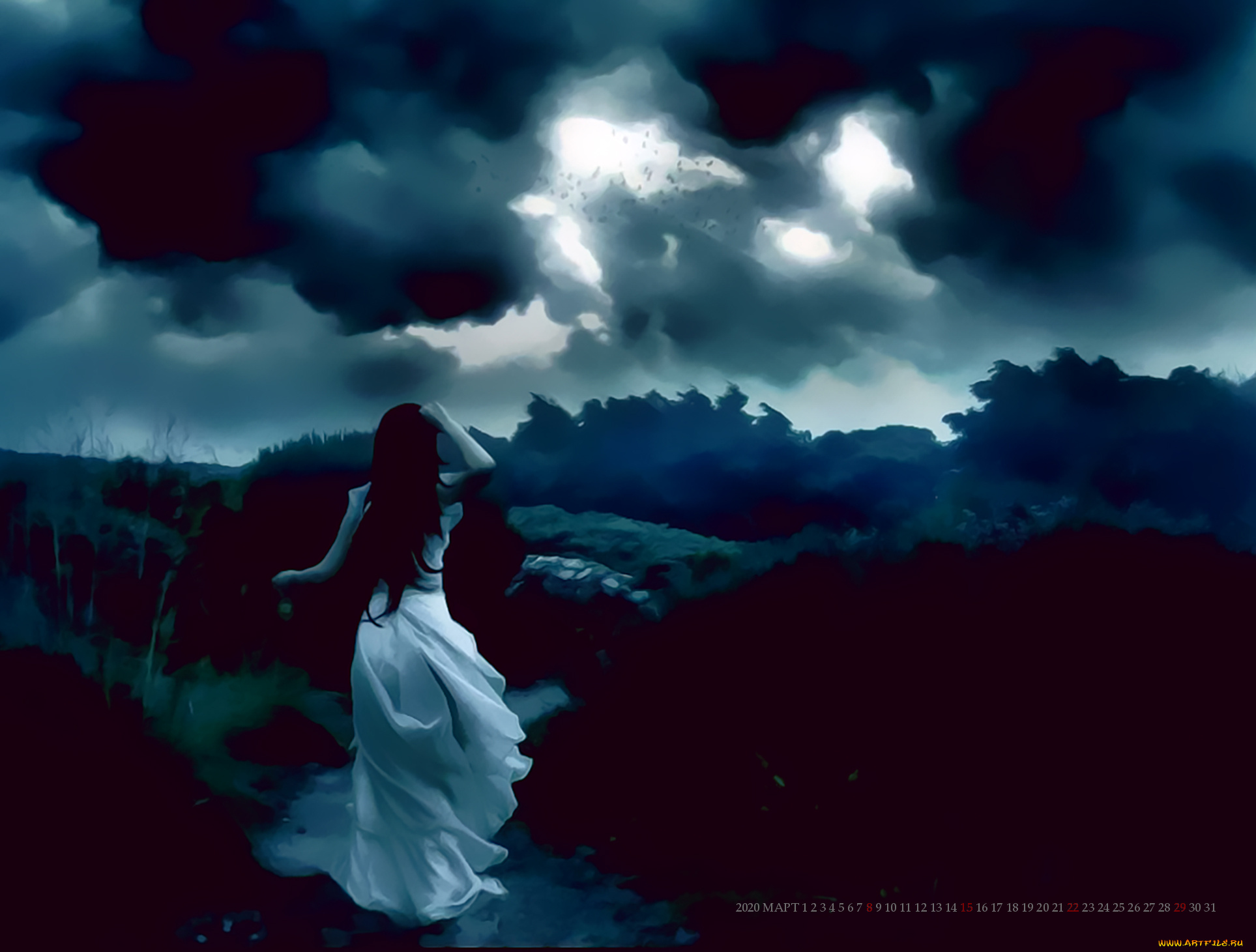 календари, фэнтези, тучи, девушка, природа, непогода, calendar, 2020