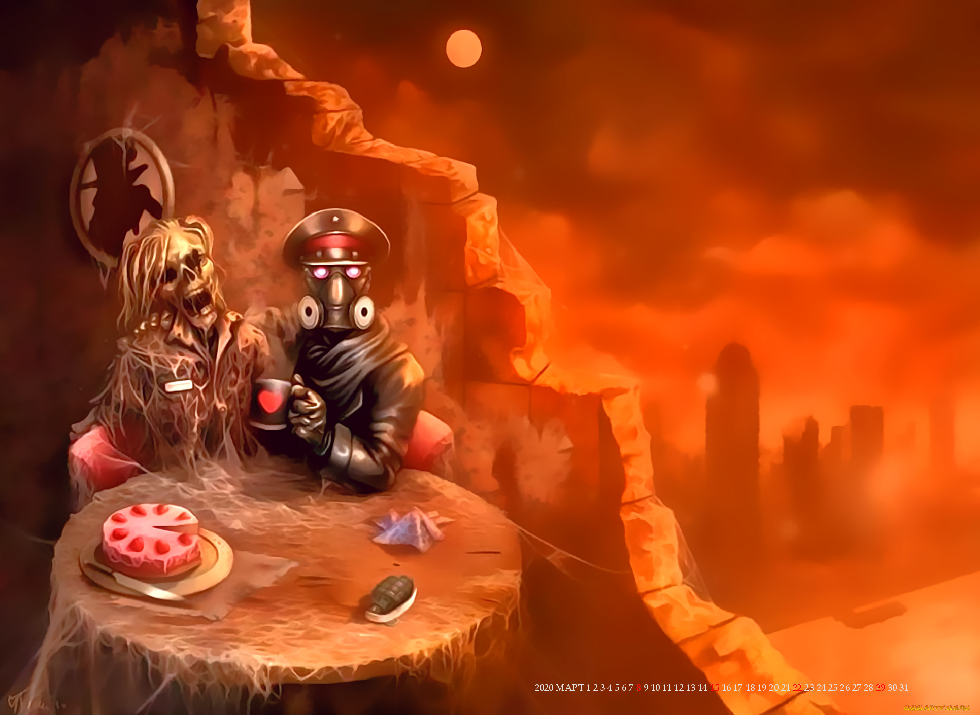 календари, фэнтези, скелет, торт, стол, противогаз, calendar, 2020