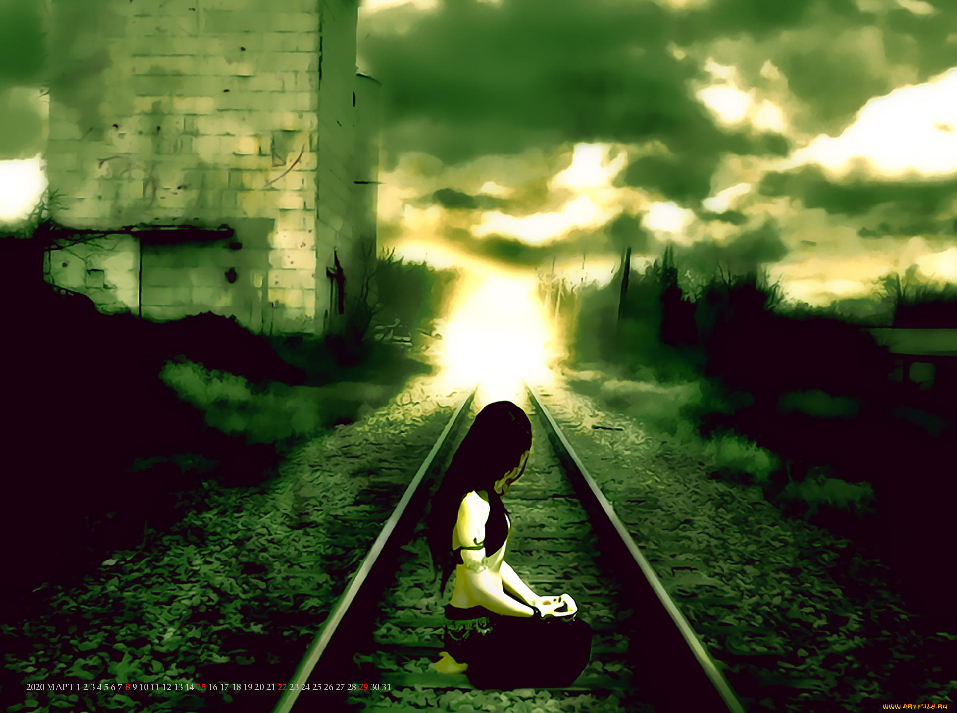 календари, компьютерный, дизайн, рельсы, шпалы, свет, девушка, сидеть, calendar, 2020