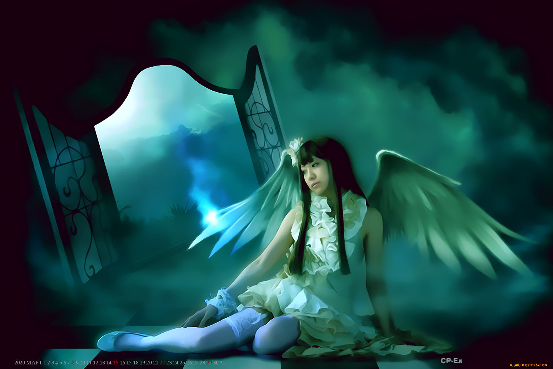 календари, фэнтези, девушка, крылья, окно, calendar, 2020
