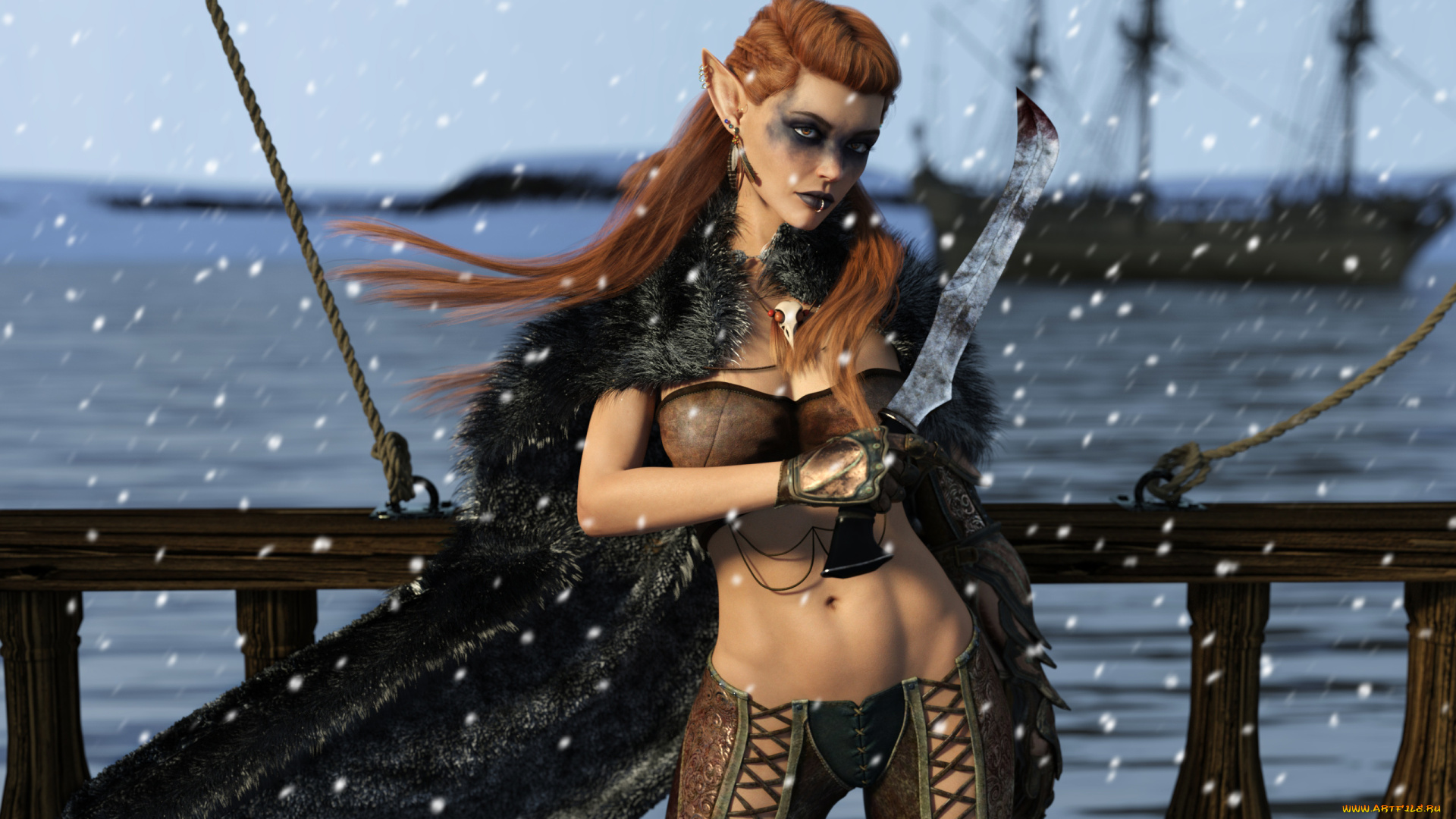 3д, графика, эльфы, , elves, девушка, фон, взгляд, нож, униформа