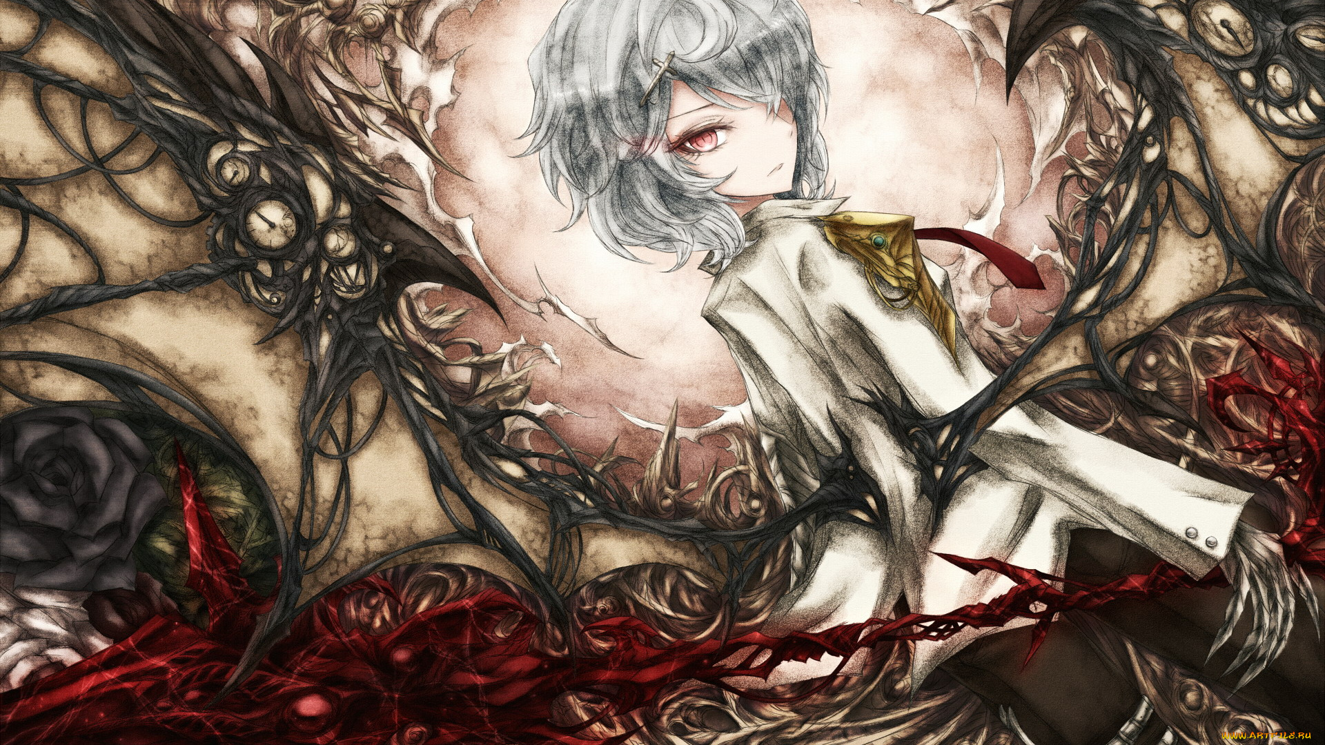 аниме, touhou, взгляд, часы, розы, шипы