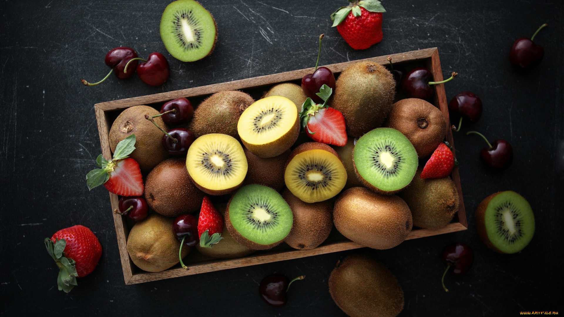 еда, фрукты, , ягоды, киви, клубника, черешня