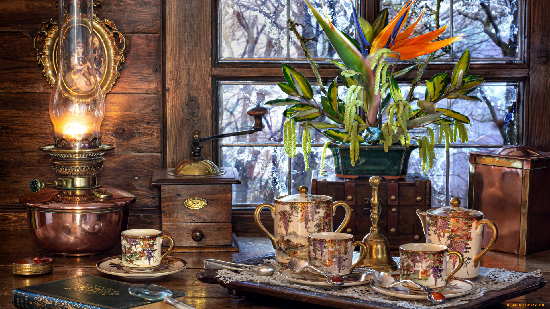 еда, натюрморт, лампа, кофемолка, чайный, сервиз